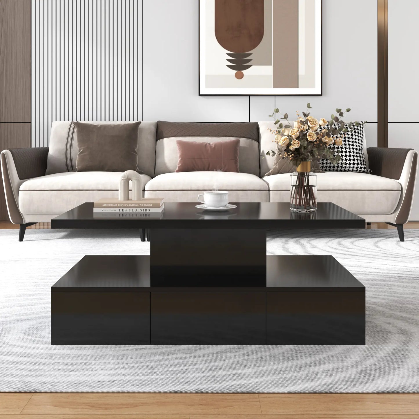 High-Gloss Coffee Table, Hidden Drawer, 39.5" L x 19.5" W x 15.5" H, Black Coffee Tables at Gallery Canada