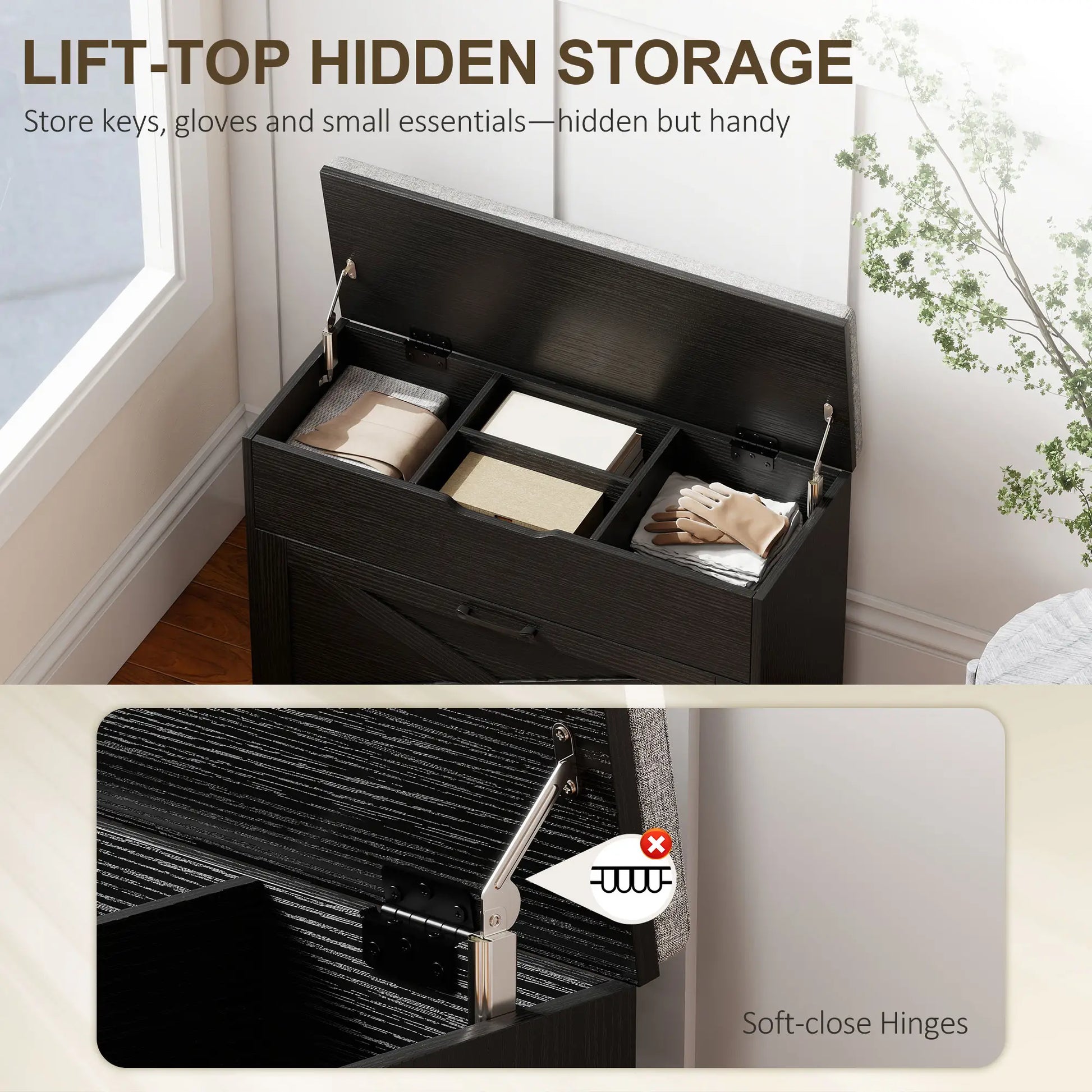 Shoe Storage Bench with Flip Drawer, Lift Top, Seat Cushion, Black Shoe Storage Cabinets & Racks at Gallery Canada