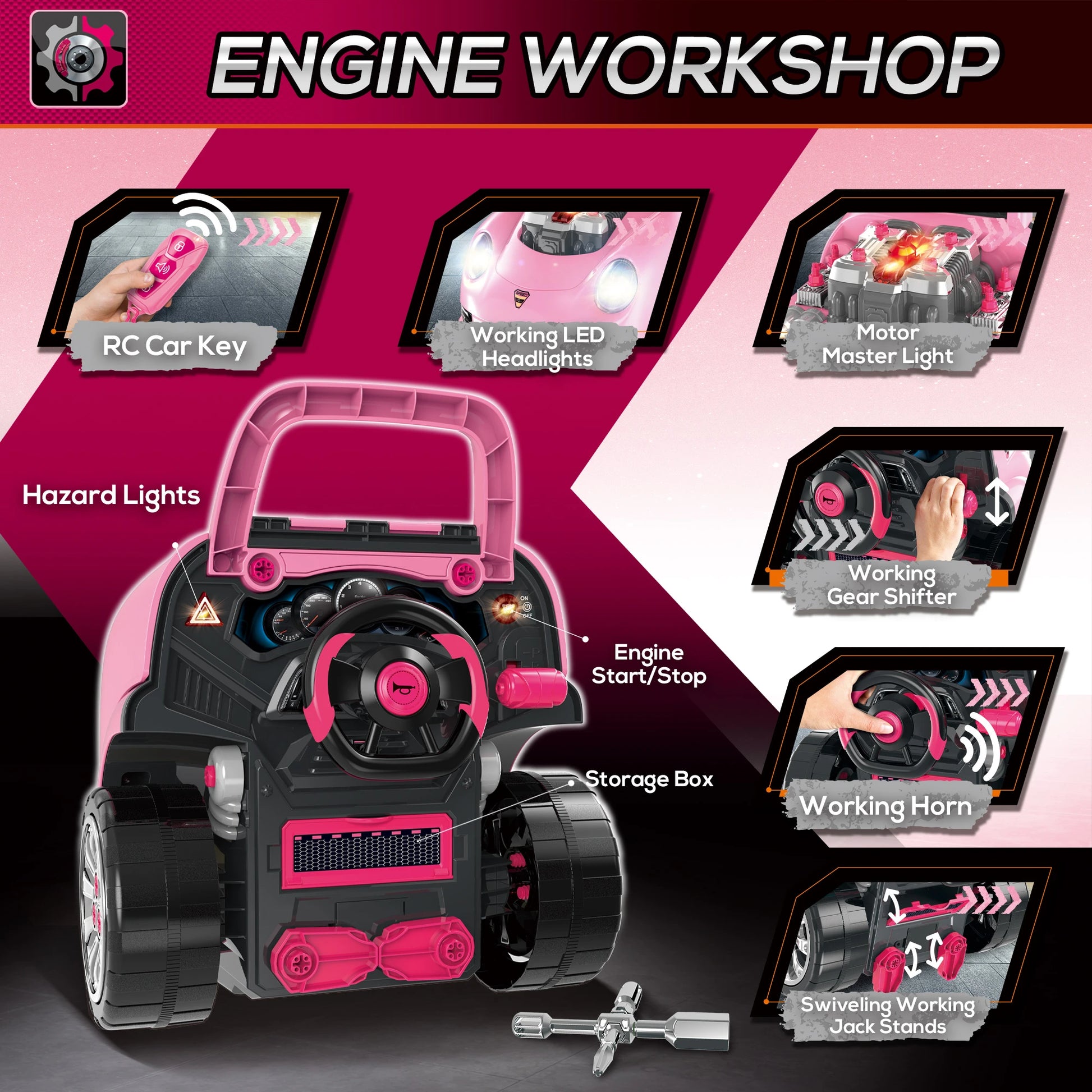 Kids Truck Engine Toy Set, Car Service Play Set, Pink Workbench Toy Sets at Gallery Canada