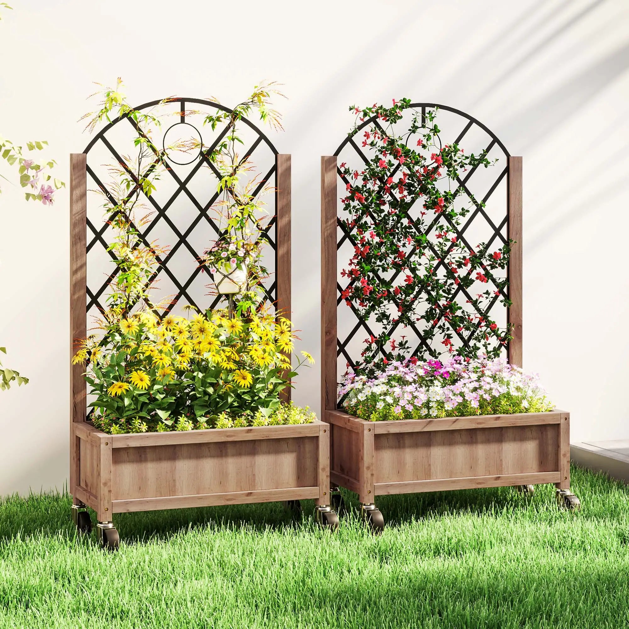 Raised Garden Bed With Metal Trellis, Elevated Planter Box With Wheels, 20.5