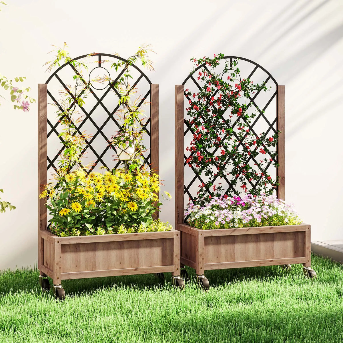 Raised Garden Bed With Metal Trellis, Elevated Planter Box With Wheels, 20.5" x 9.8" x 38.2", Brown Wooden Planter Boxes at Gallery Canada