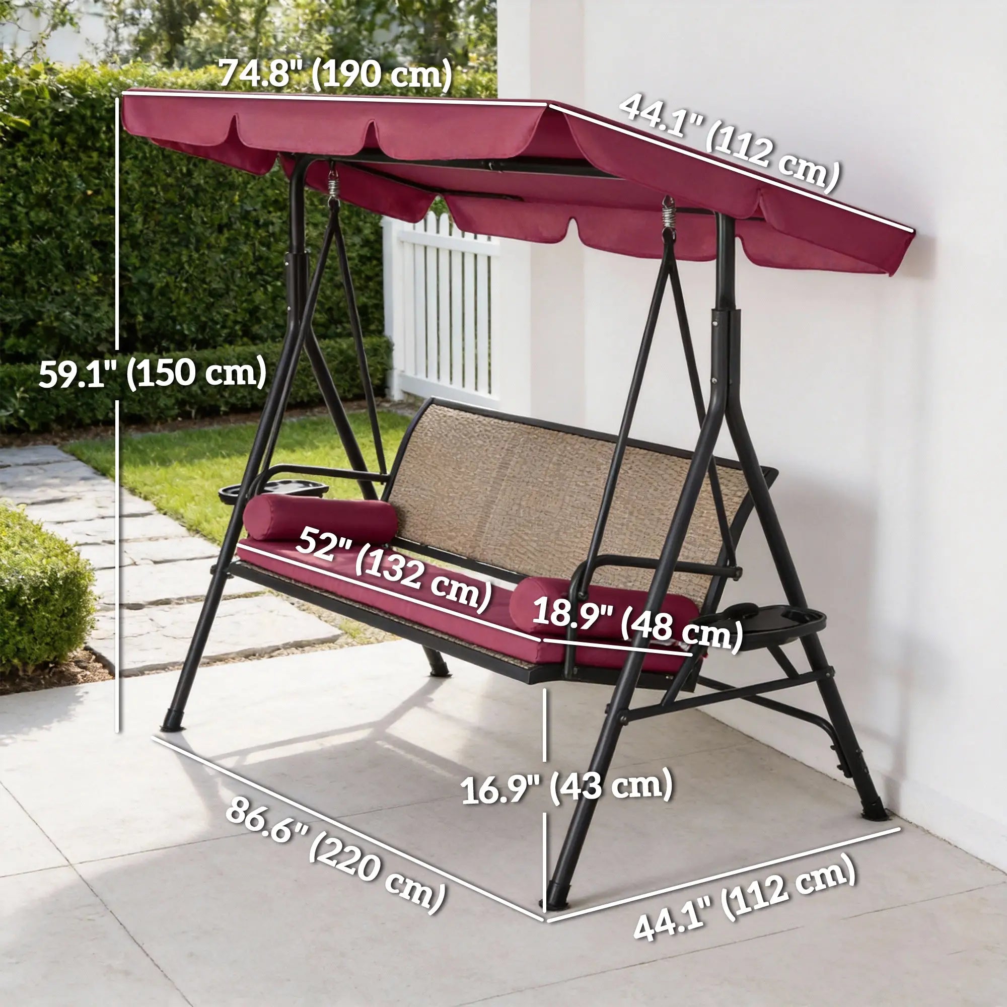 Outdoor 3-Seat Porch Swing With Canopy, Rattan, Cushion, Cushion Patio Swings with Stand at Gallery Canada