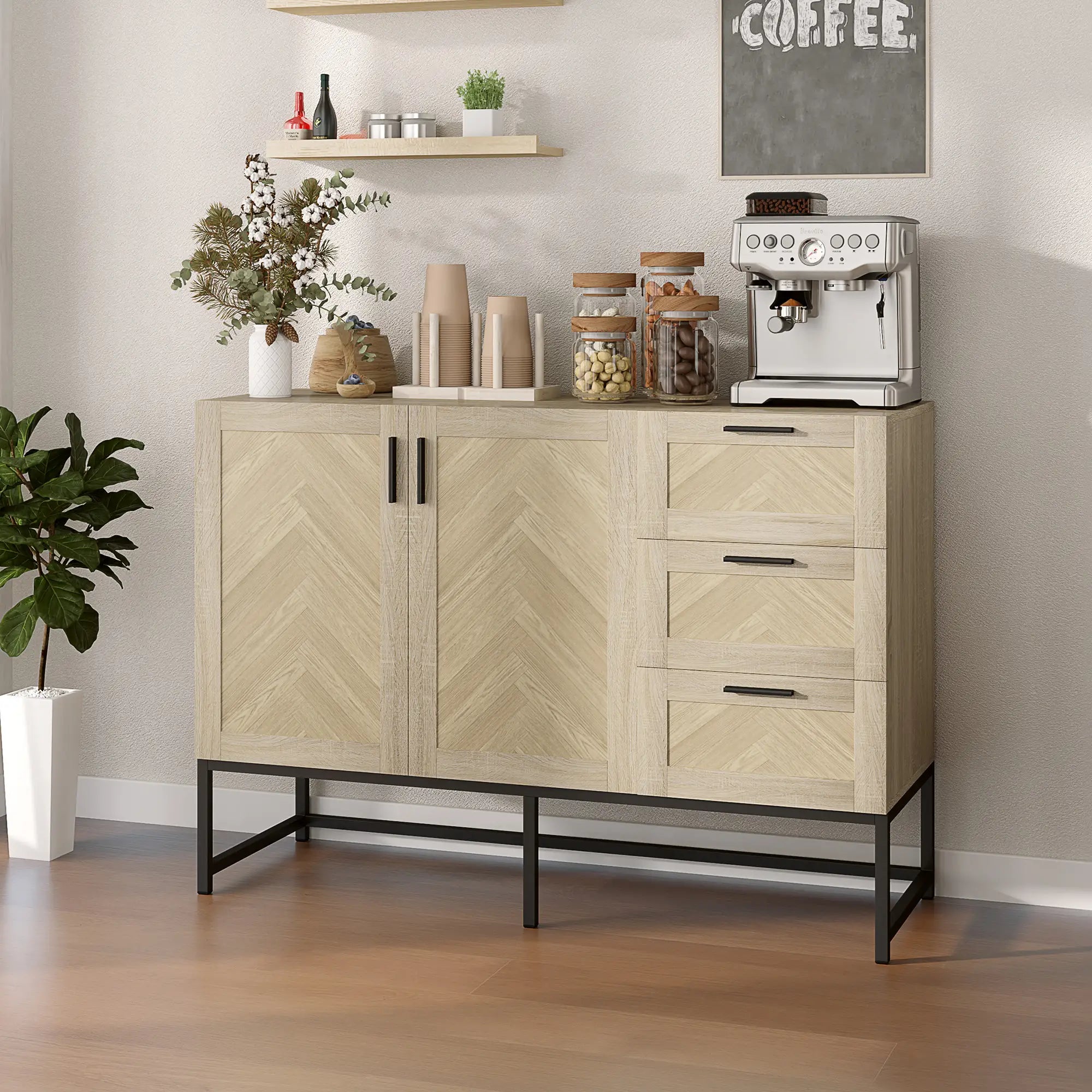 Buffet Cabinet, Coffee Bar with Drawers, Adjustable Shelf, Oak Bar Cabinets at Gallery Canada