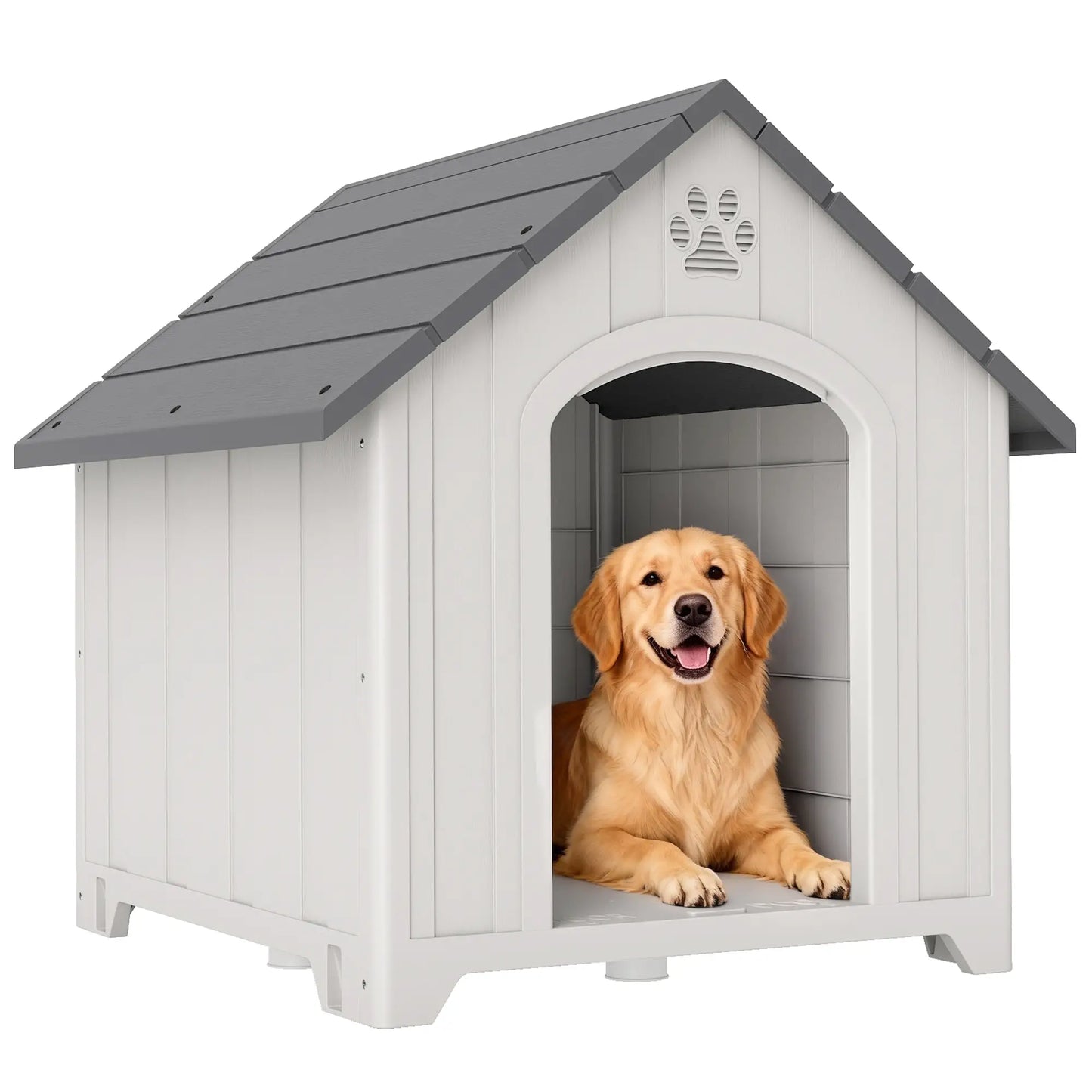 Large Plastic Dog House Outdoor Indoor, Water Resistant Puppy Shelter with Base Support, 34.6" L x 31.1" W x 35" H