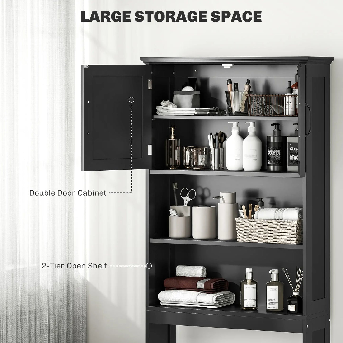 Modern Over Toilet Storage, Bathroom Cabinet with Shelves, Double Door, Black Bathroom Cabinets at Gallery Canada