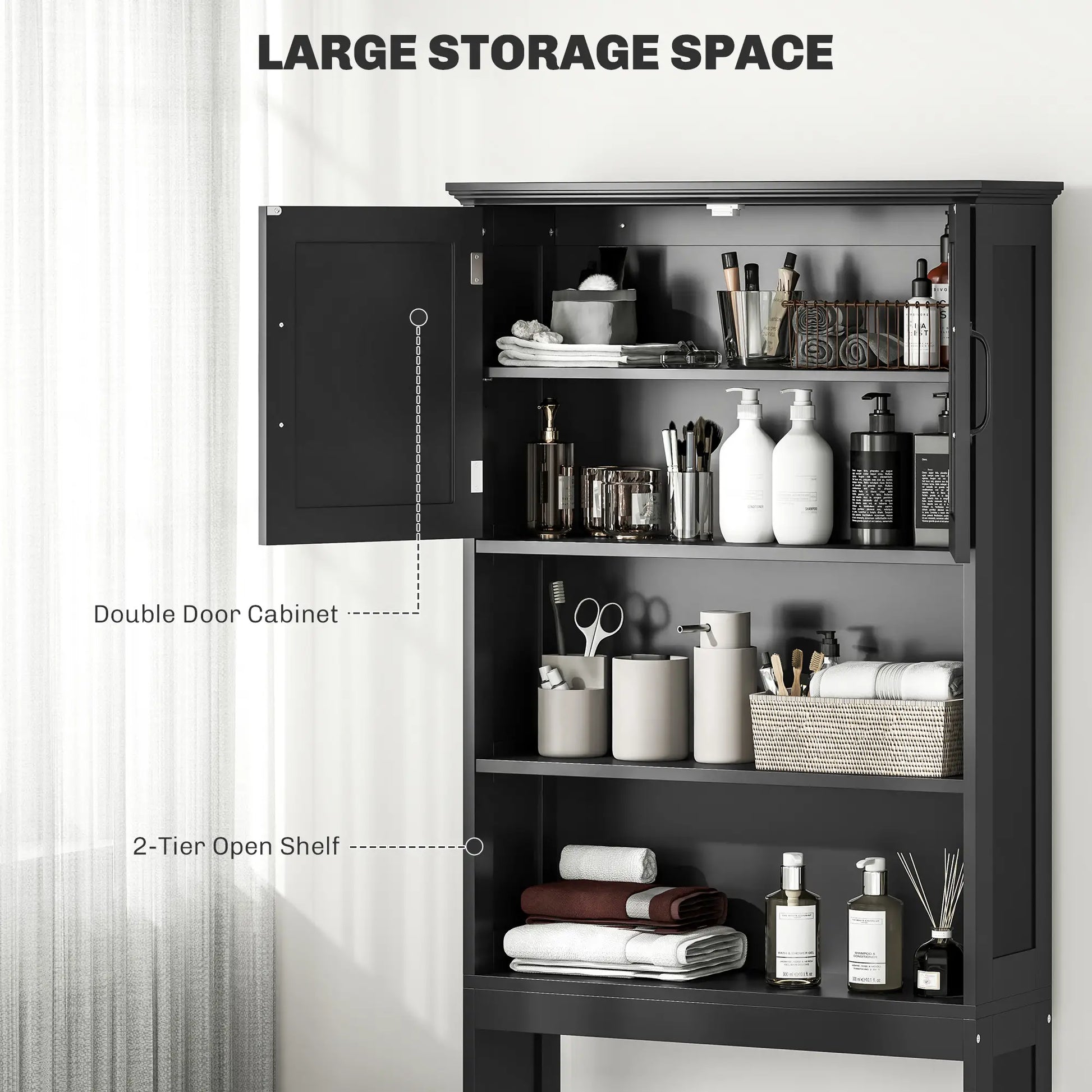 Modern Over Toilet Storage, Bathroom Cabinet with Shelves, Double Door, Black Bathroom Cabinets at Gallery Canada