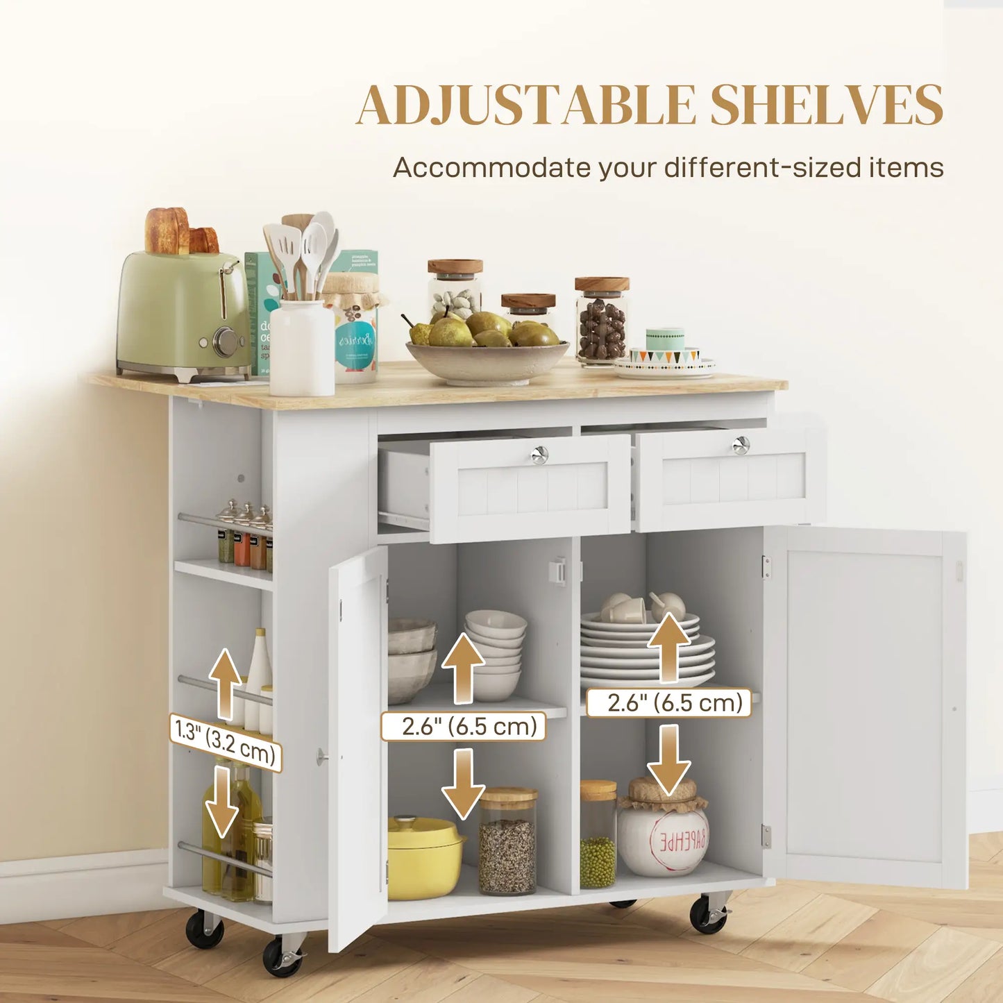 Kitchen Island with Power Outlet and Drop Leaf, Rolling Kitchen Cart with 2 Drawers and Adjustable Shelves, White Kitchen Islands & Kitchen Carts at Gallery Canada