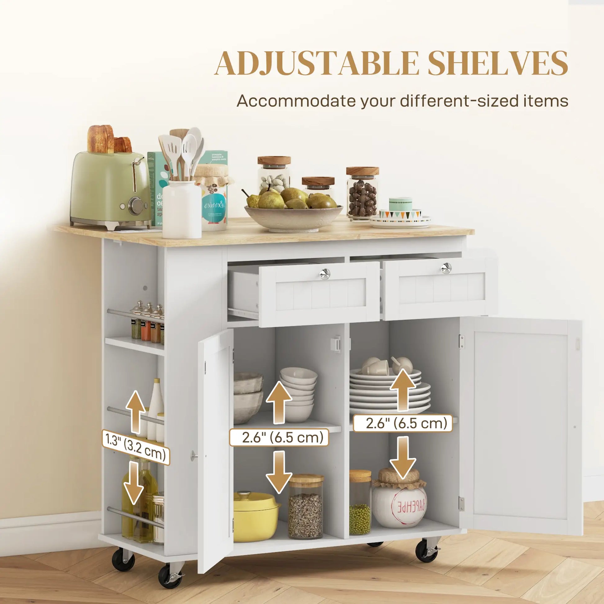 Kitchen Island with Power Outlet and Drop Leaf, Rolling Kitchen Cart with 2 Drawers and Adjustable Shelves, White Kitchen Islands & Kitchen Carts at Gallery Canada