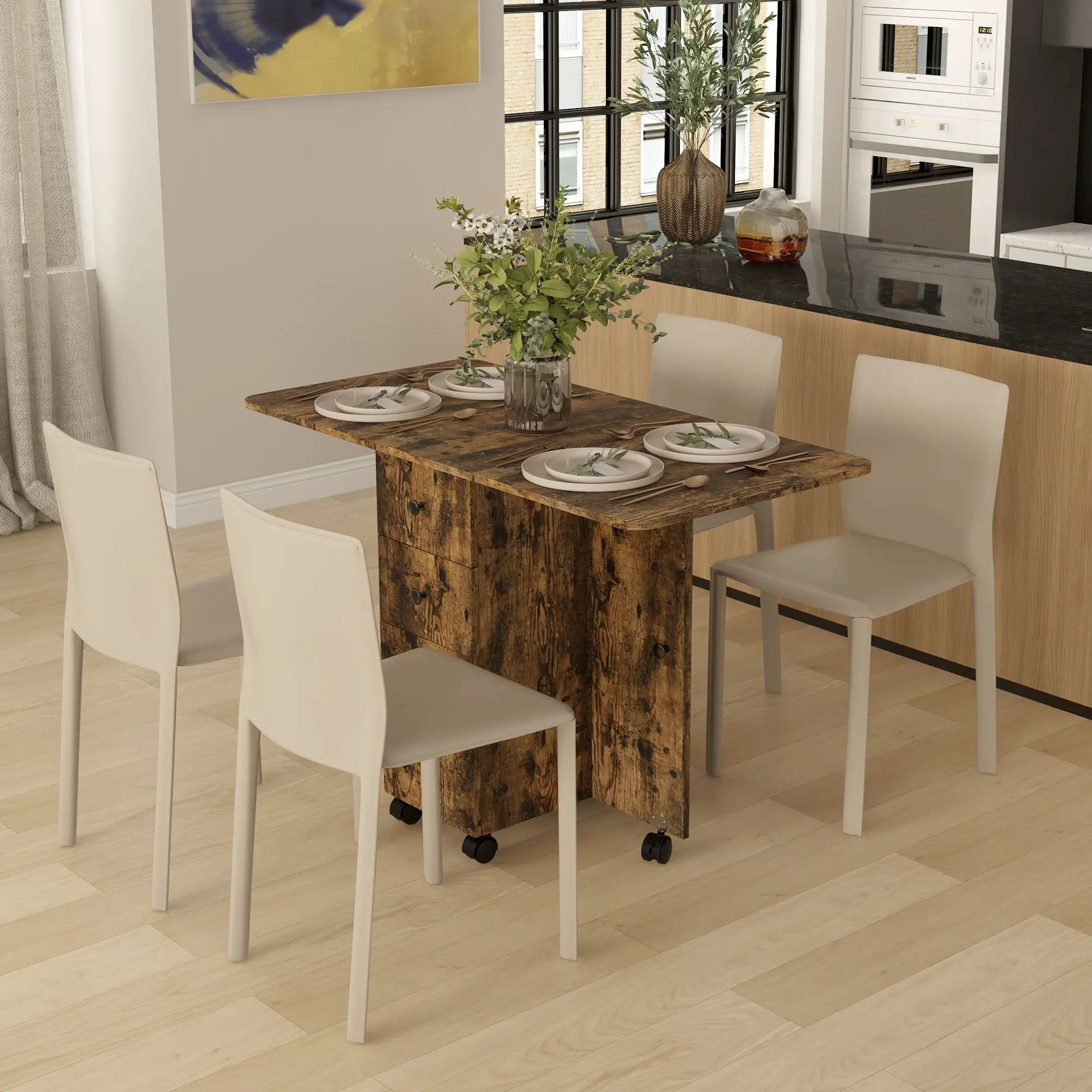 Drop Leaf Dining Table, Mobile Folding Table With Drawers, Rustic Brown, Brown Bar Tables & Dining Tables at Gallery Canada