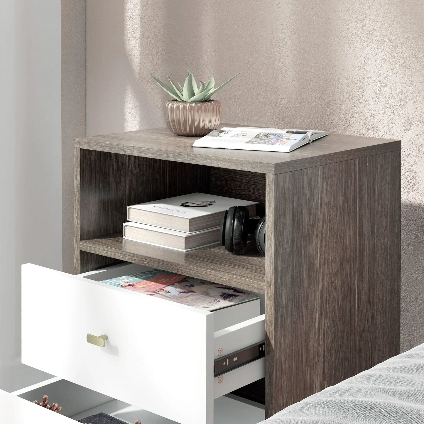 Modern Nightstand Set of 2, 3 Drawers, Open Storage, Grey Bedside Tables at Gallery Canada