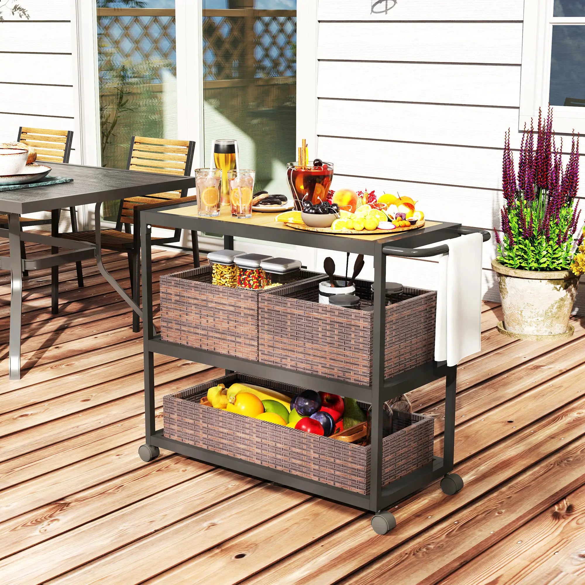 Outdoor Bar Cart, 3-Tier Rolling Cart With Removable Rattan Basket, Mixed-Brown Outdoor Grill Carts at Gallery Canada