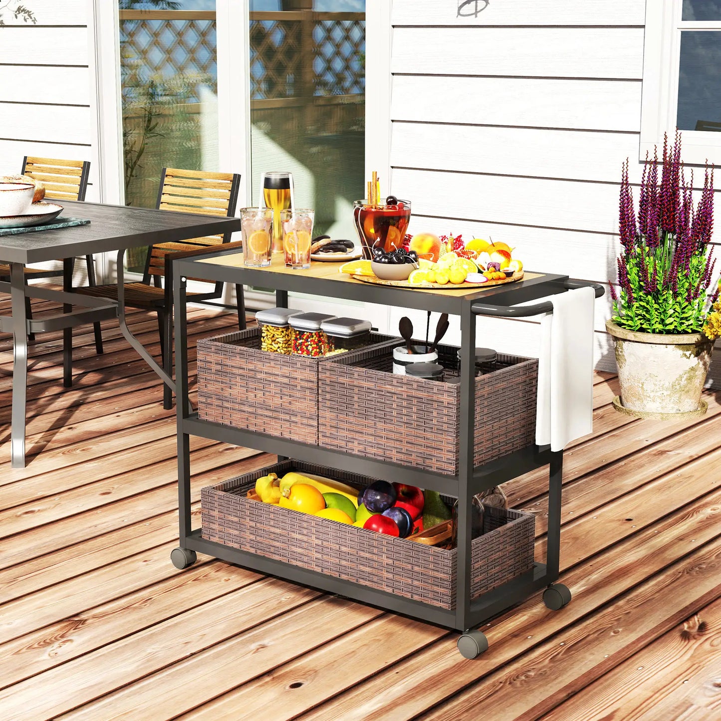 Outdoor Bar Cart, 3-Tier Rolling Cart With Removable Rattan Basket, Mixed-Brown Outdoor Grill Carts at Gallery Canada
