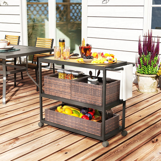 Outdoor Bar Cart, 3-Tier Rolling Cart With Removable Rattan Basket, Mixed-Brown Outdoor Grill Carts Black, Brown at Gallery Canada