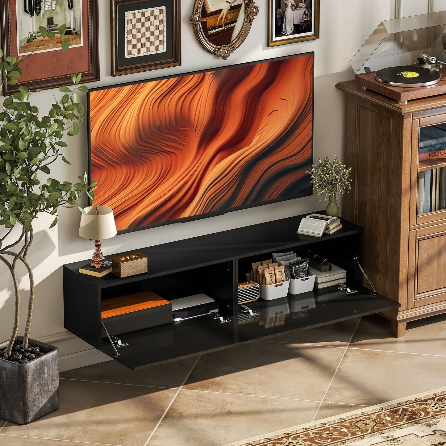Floating TV Stand, Storage Cupboards for 45, 55, 65in TVs, Black TV Stands at Gallery Canada