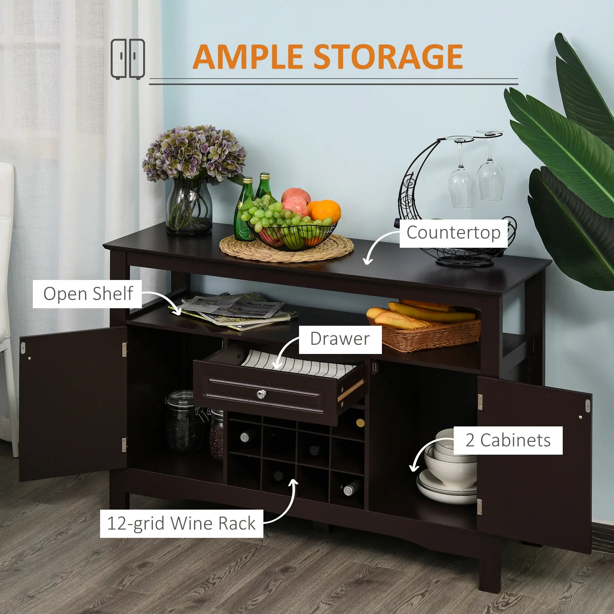 Modern Kitchen Buffet Cabinet, Drawer, 12-Bottle Wine Rack, Espresso Bar Cabinets at Gallery Canada