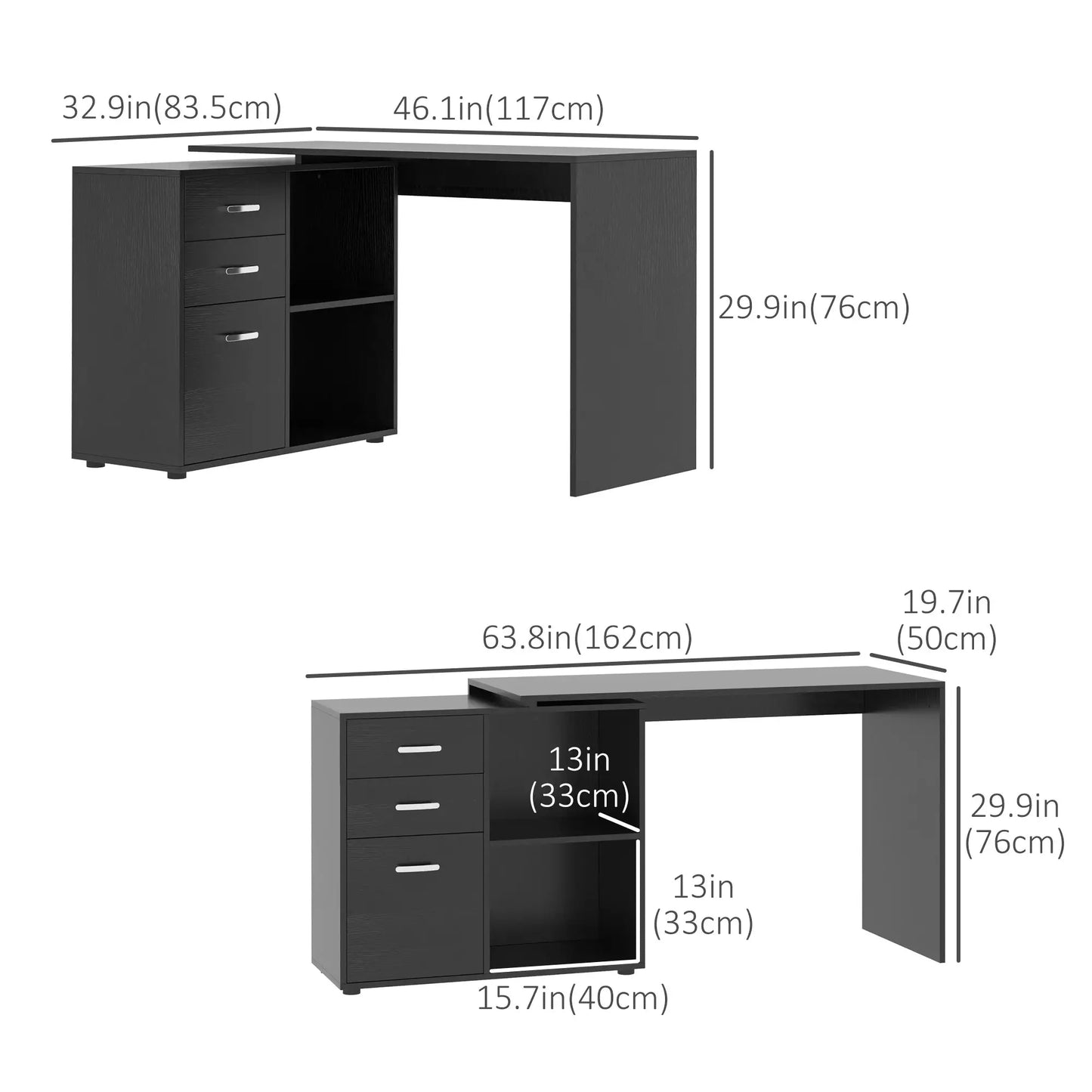 L-Shaped Corner Desk with Storage Shelf, Drawer, Black Writing Desks at Gallery Canada