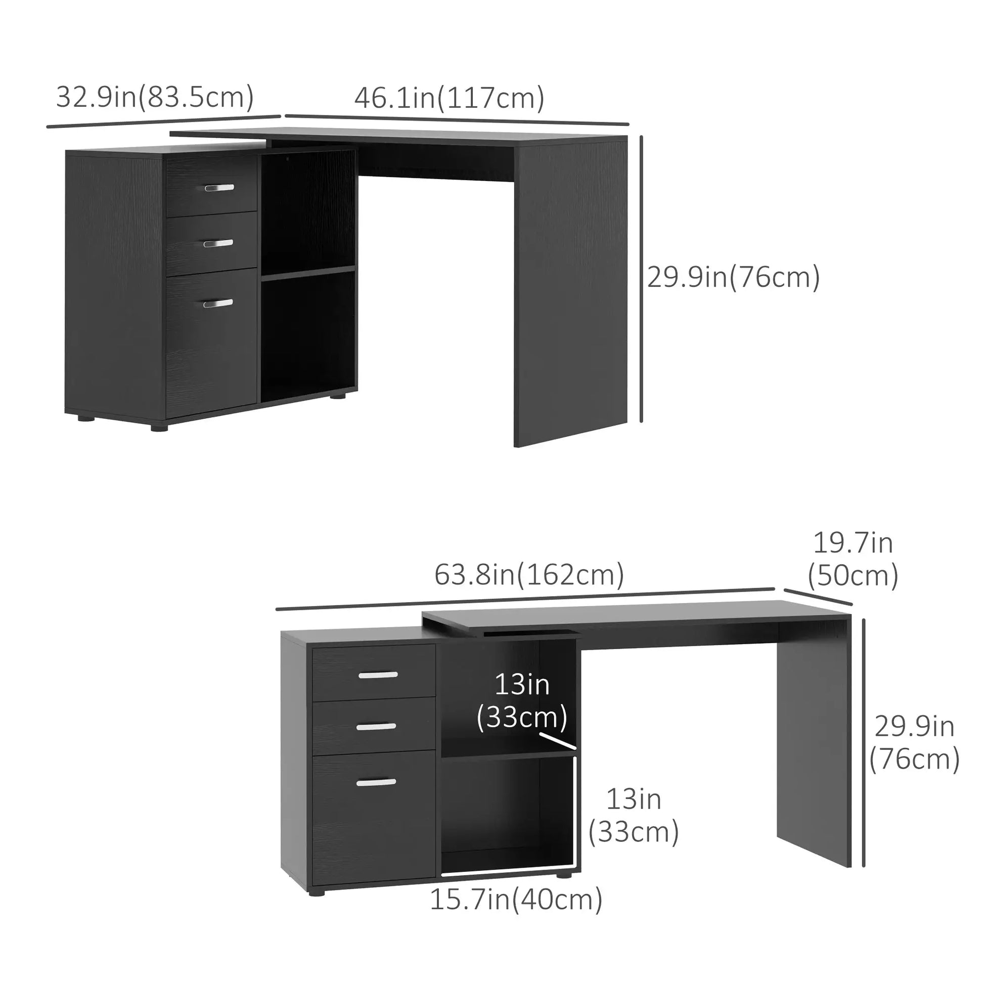 L-Shaped Corner Desk with Storage Shelf, Drawer, Black Writing Desks at Gallery Canada
