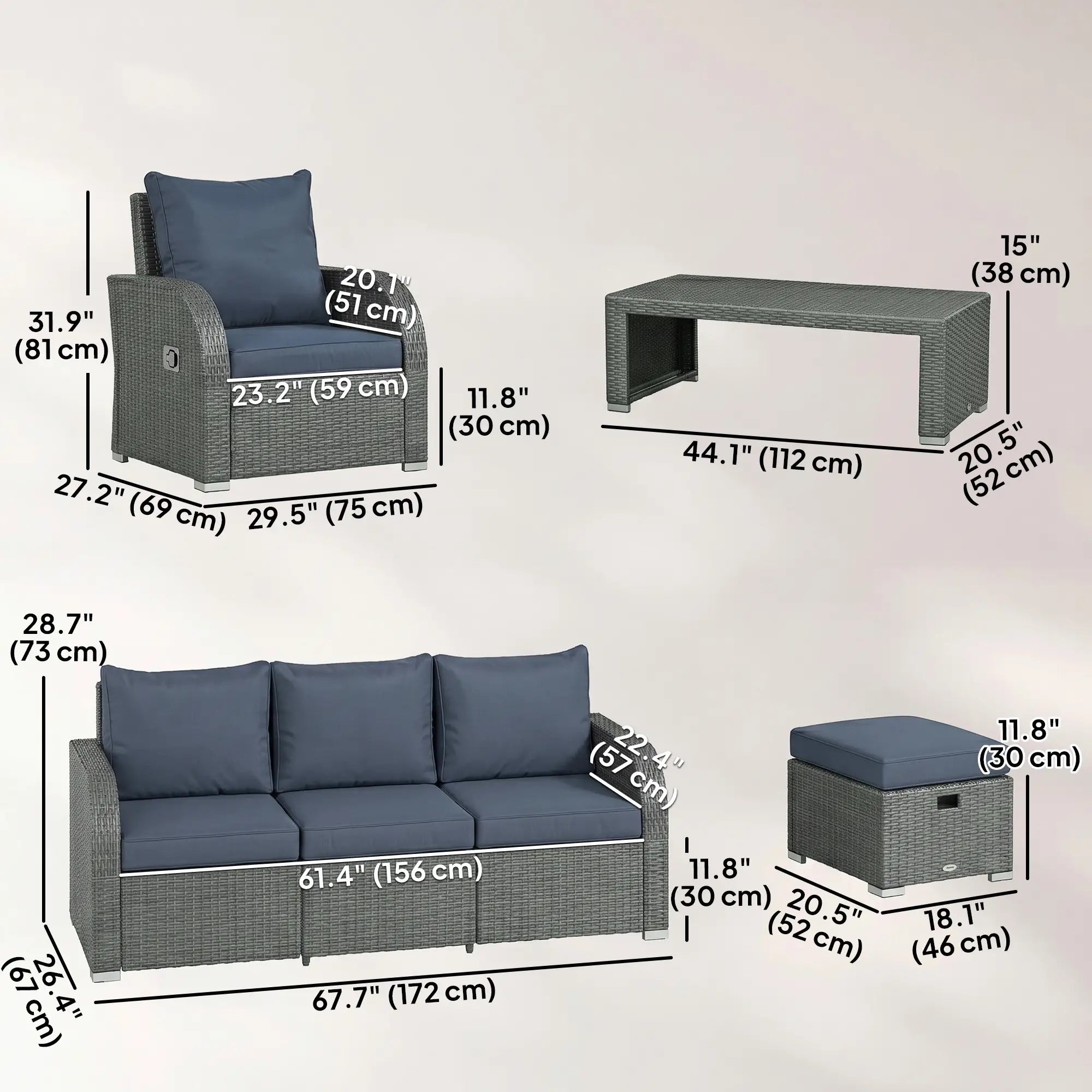 6-Piece PE Wicker Patio Sectional Set, with Cushions & Table, Dark Blue Patio Furniture Sets at Gallery Canada