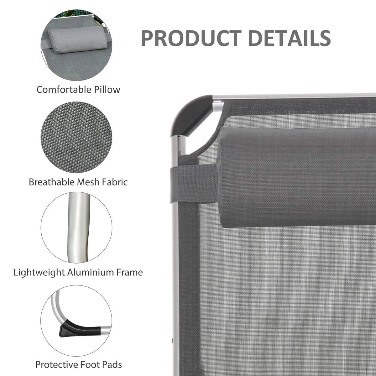 Folding Lounge Chair, Adjustable Backrest, Aluminum Frame, Grey