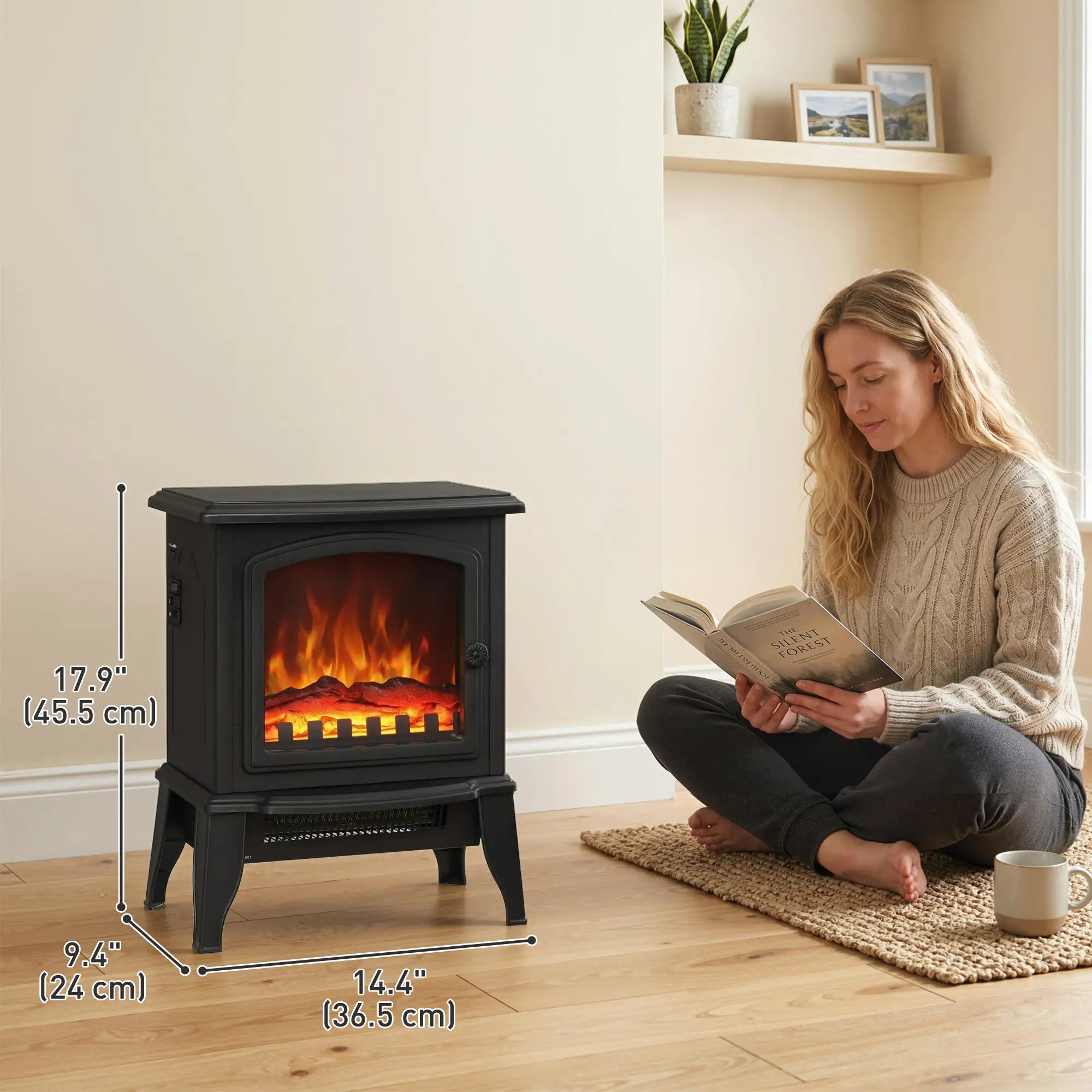 Electric Fireplace Heater, Freestanding, Realistic Flame, Overheat Protection, 750W/1500W, Black Electric Fireplaces at Gallery Canada