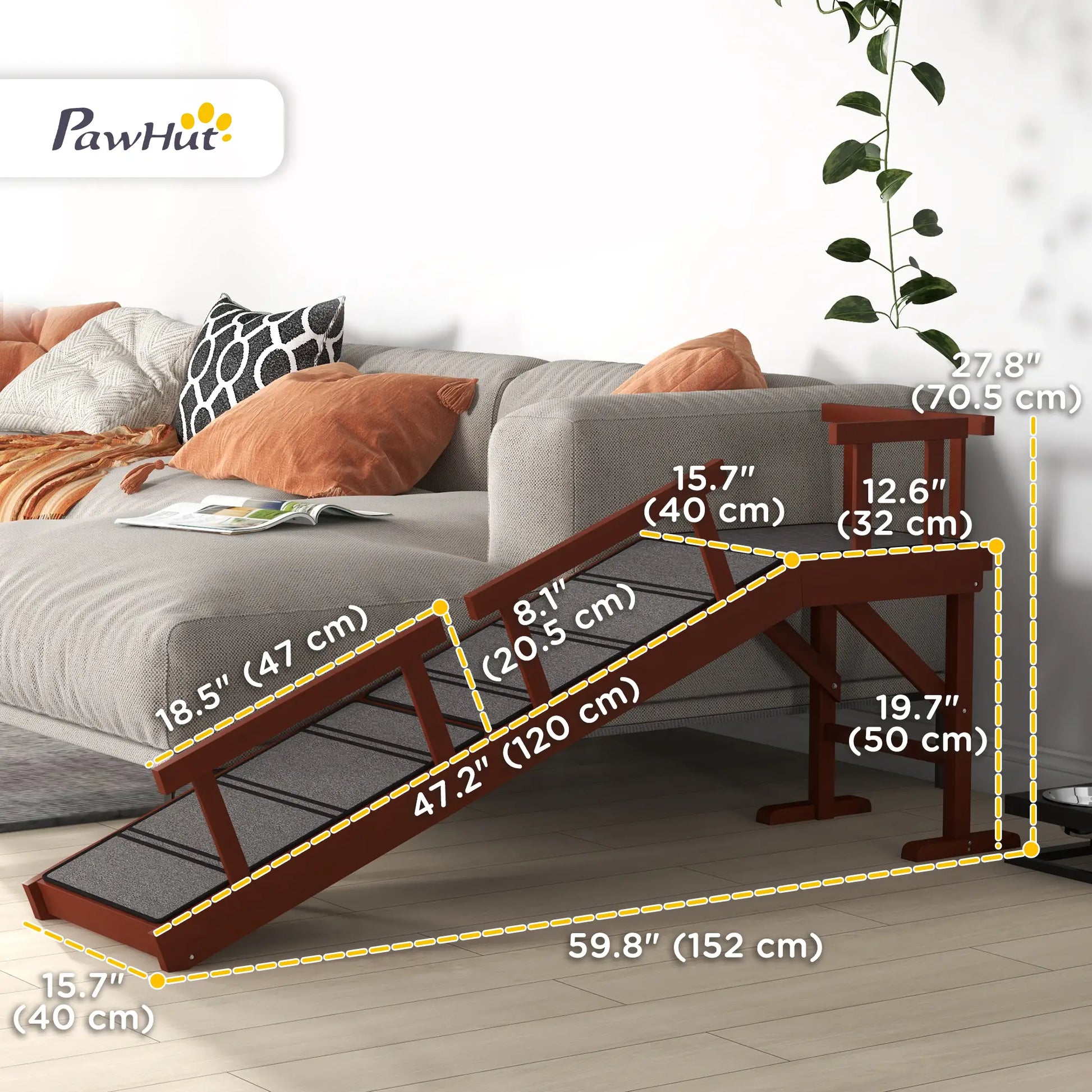 Wooden Dog Ramp, 60" Long, Non-Slip Rug, Removable Guardrails, Brown Dog Stairs at Gallery Canada