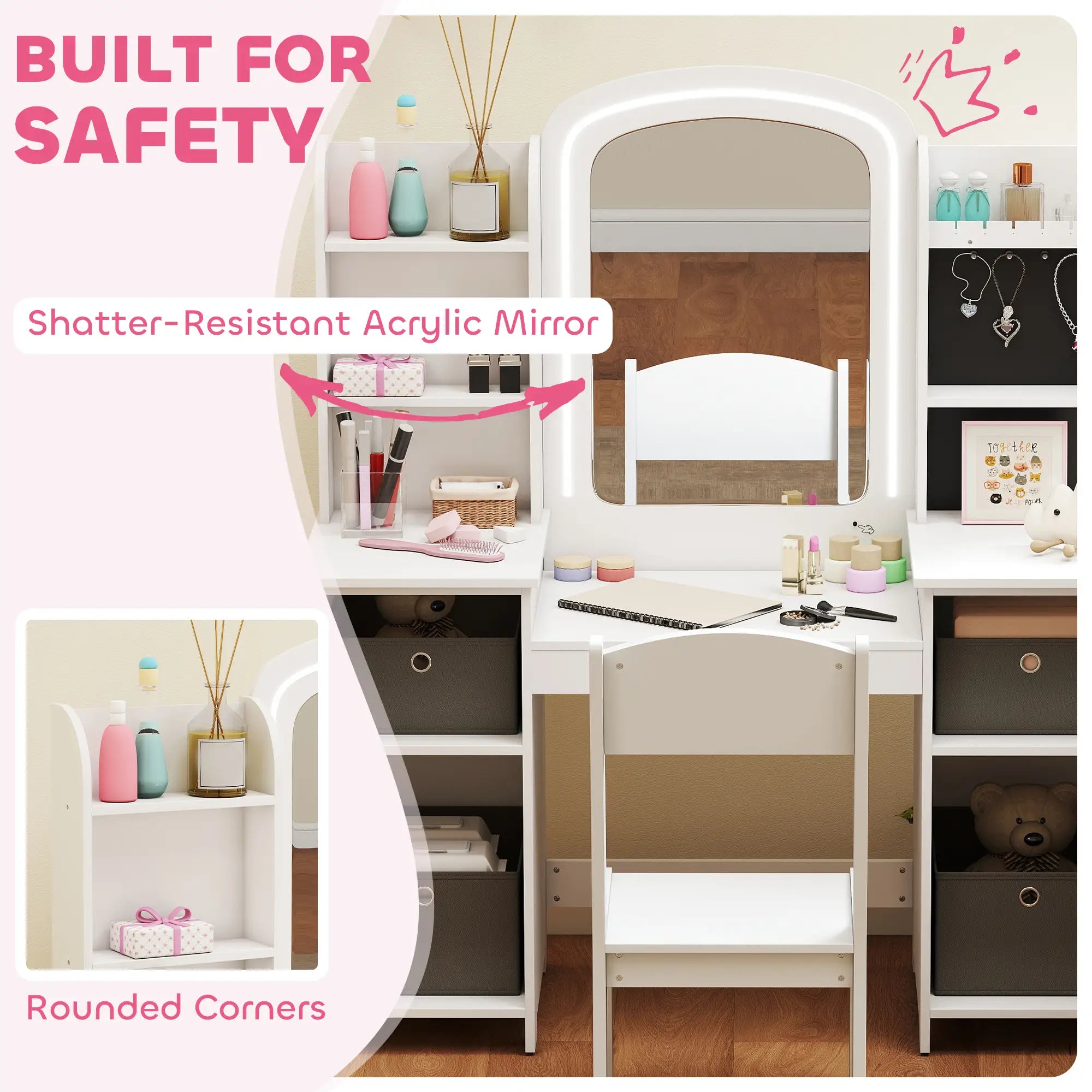 Kids Vanity Table And Chair Set With Lighted Mirror, White Kids Bedroom Furniture at Gallery Canada