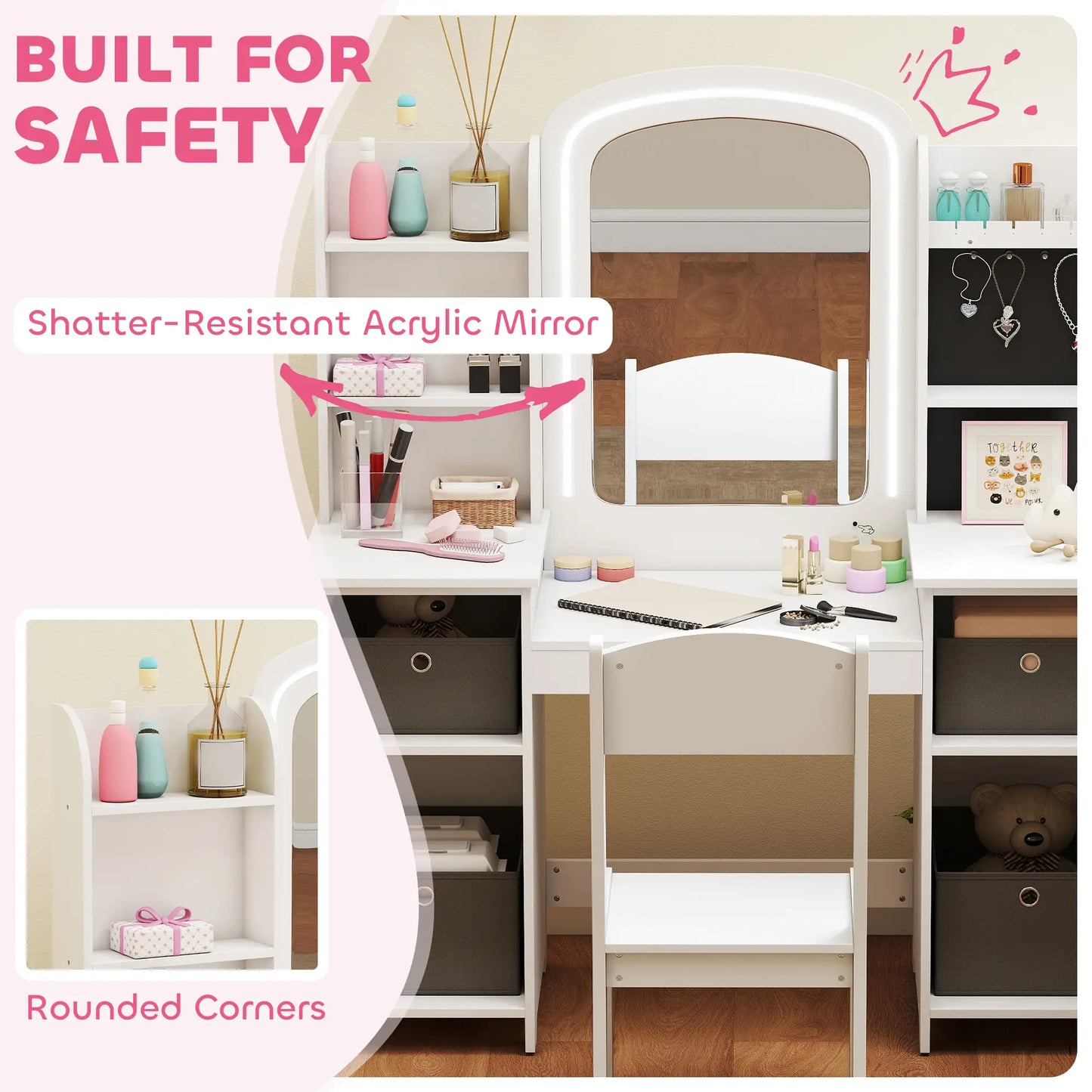 Kids Vanity Table And Chair Set With Lighted Mirror, White Kids Bedroom Furniture at Gallery Canada