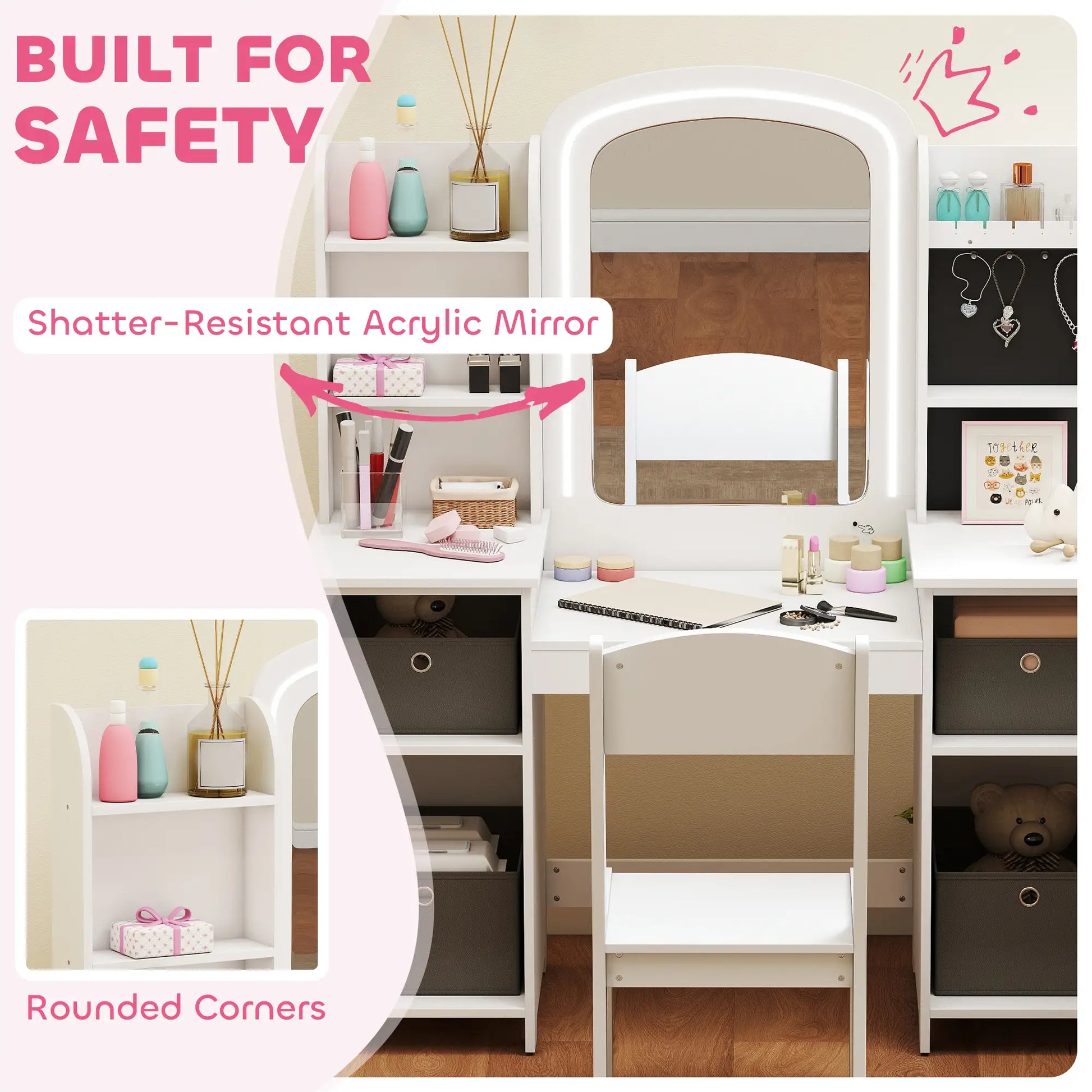Kids Vanity Table And Chair Set With Lighted Mirror, White Kids Bedroom Furniture at Gallery Canada