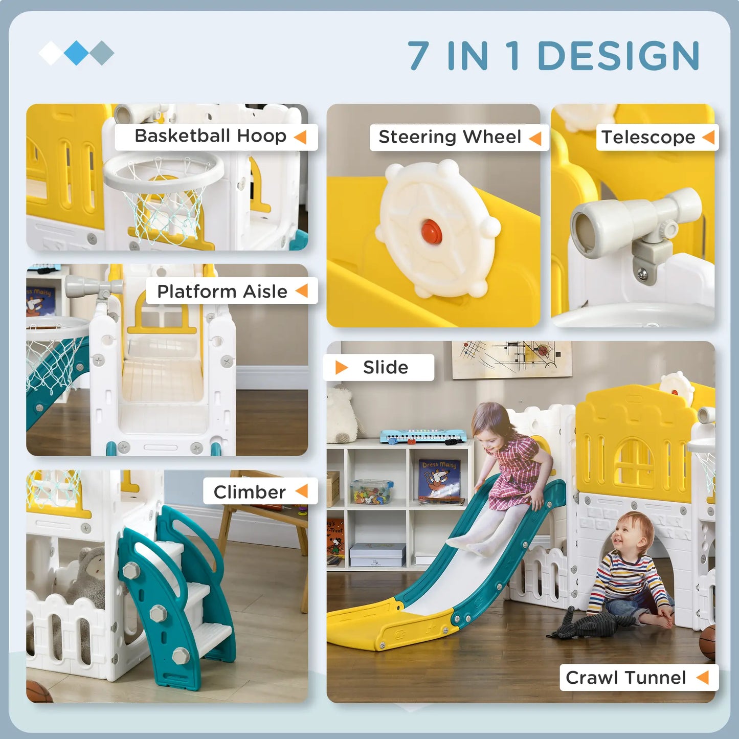 7 in 1 Toddler Slide, Basketball Hoop, Climber, Telescope, Yellow Gym Sets & Swings at Gallery Canada