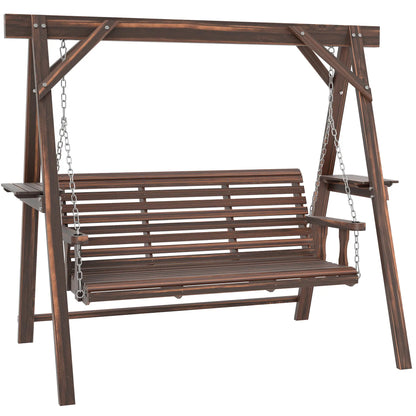 3 Seat Wooden Porch Swing With Stand, Carbonized Brown Patio Swings with Stand Carbonized Brown at Gallery Canada