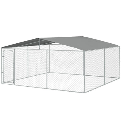 Outdoor Dog Kennel, Heavy Duty Playpen, Secure Lock, Cover, 15.1' x 15.1' x 7.5' Houses, Kennels & Pens Silver at Gallery Canada