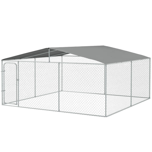Outdoor Dog Kennel, Heavy Duty Playpen, Secure Lock, Cover, 15.1' x 15.1' x 7.5' Houses, Kennels & Pens Silver at Gallery Canada