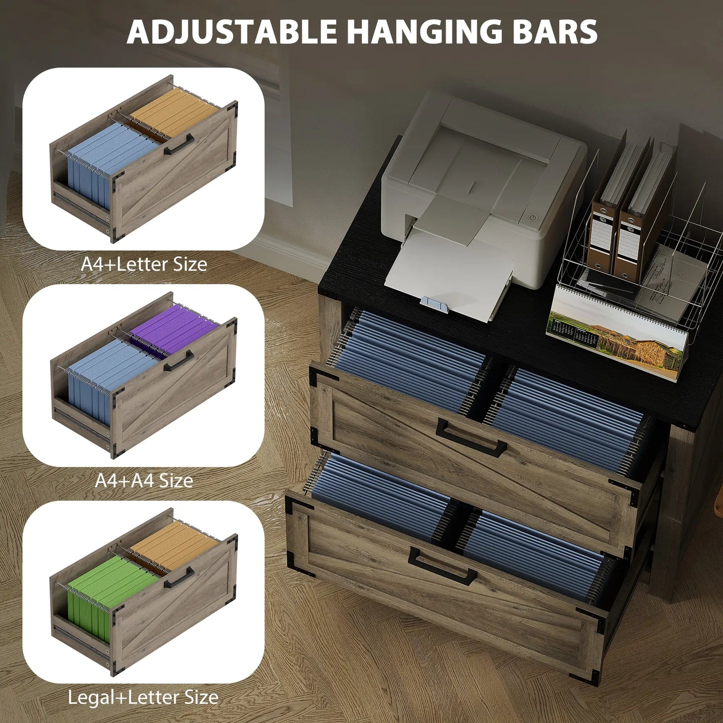 2 Drawer Filing Cabinet, Farmhouse Office Storage, Adjustable Hanging Bars, Letter, A4, Legal Size, Grey Office Cabinets & Cupboards at Gallery Canada