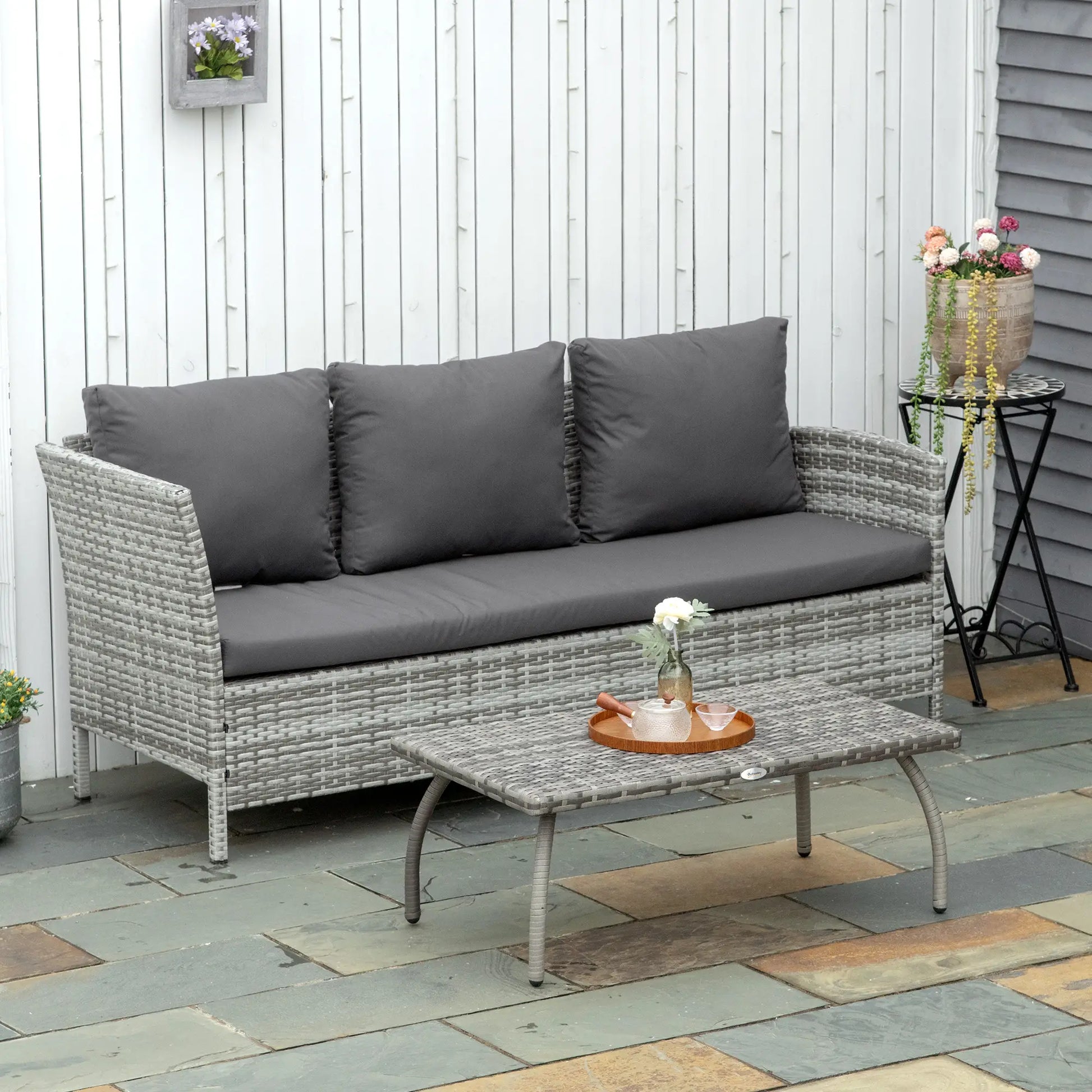 Rattan Coffee Table, 35.4" x 19.7", All-Weather PE, Outdoor Side Table, Grey Patio Side Tables at Gallery Canada