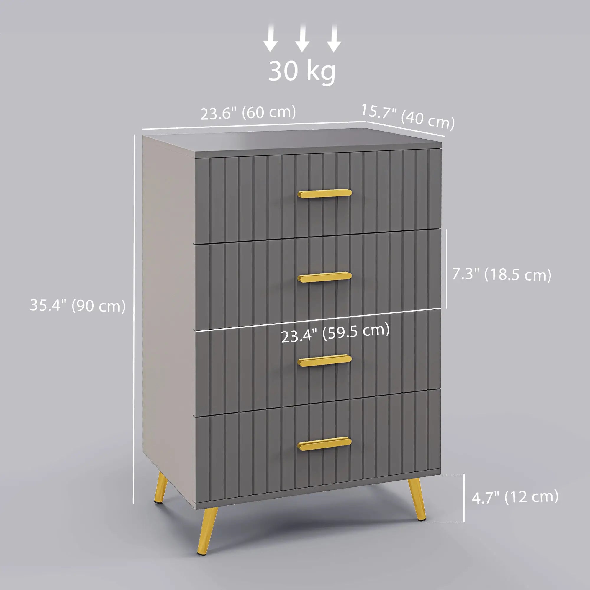 4 Drawer Cabinet, Bedroom Chest, Aluminium Legs, Gold Handles, Dark Grey Storage Cabinets at Gallery Canada