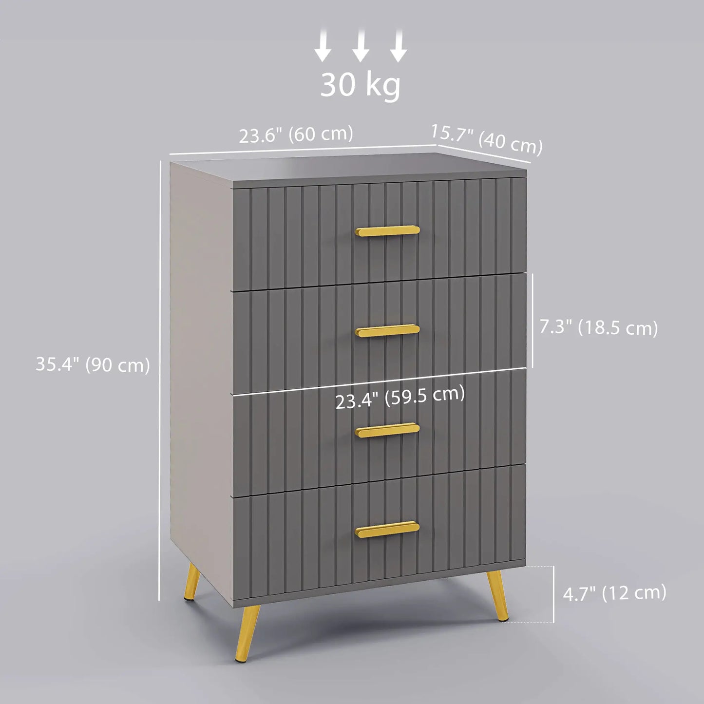 4 Drawer Cabinet, Bedroom Chest, Aluminium Legs, Gold Handles, Dark Grey Storage Cabinets at Gallery Canada