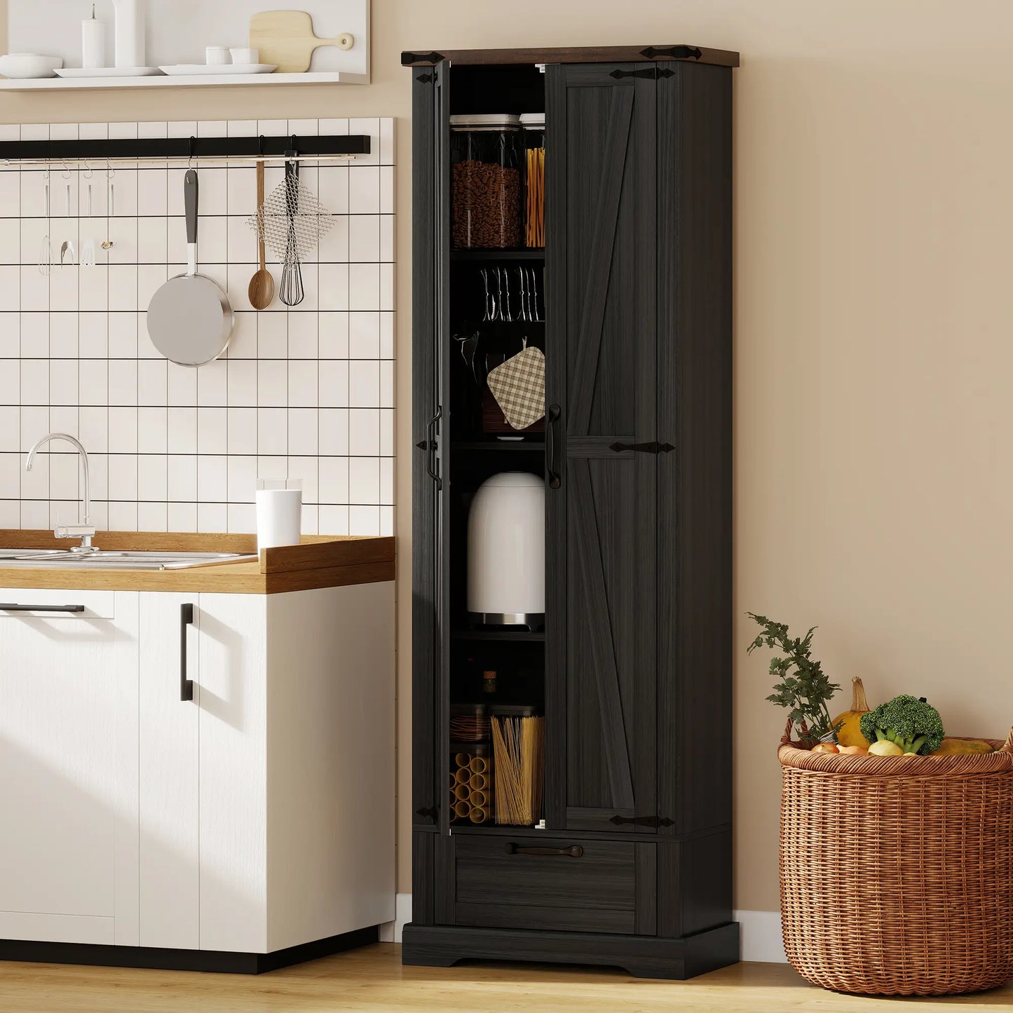 71 Inch Pantry Cabinet, Kitchen Storage with Adjustable Shelves, 2 Doors, Drawer, Black Kitchen Pantry Cabinets at Gallery Canada