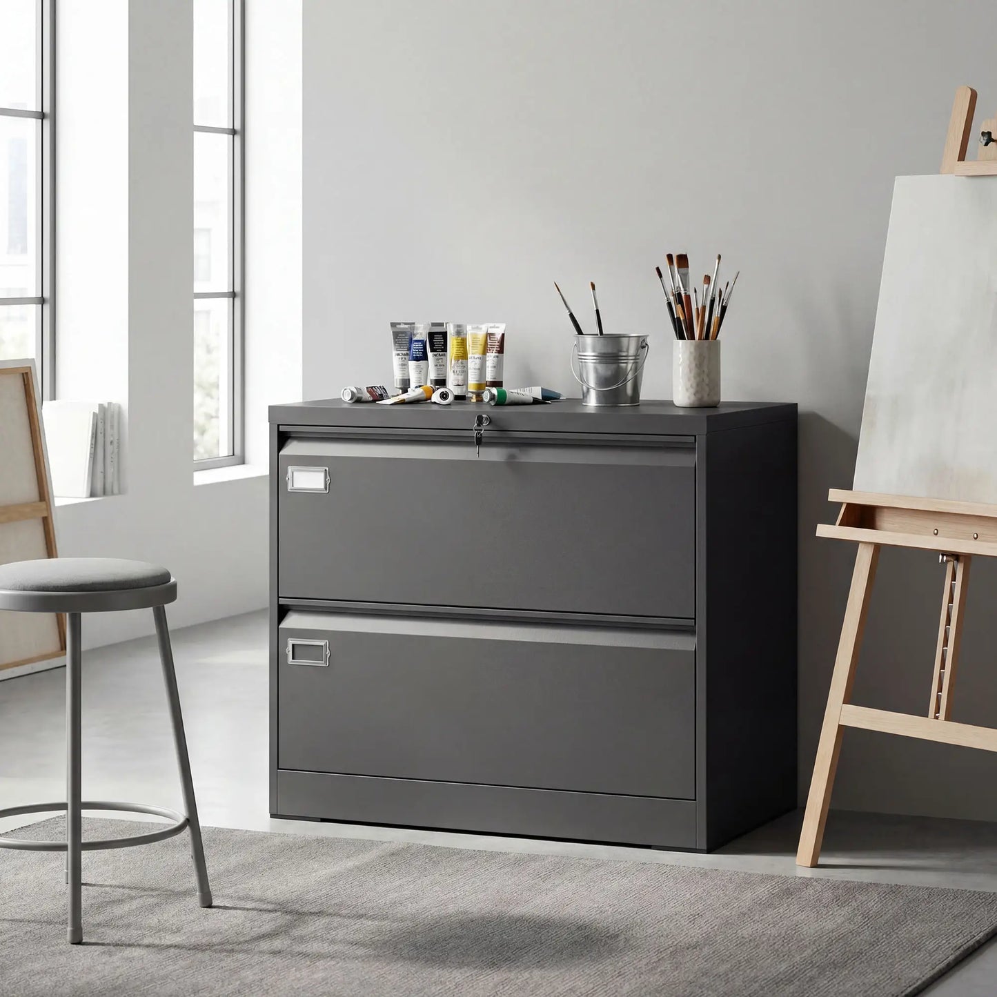2 Drawer Lateral Filing Cabinet, Lockable Steel, A4 Letter Legal Size, Black Office Cabinets & Cupboards at Gallery Canada