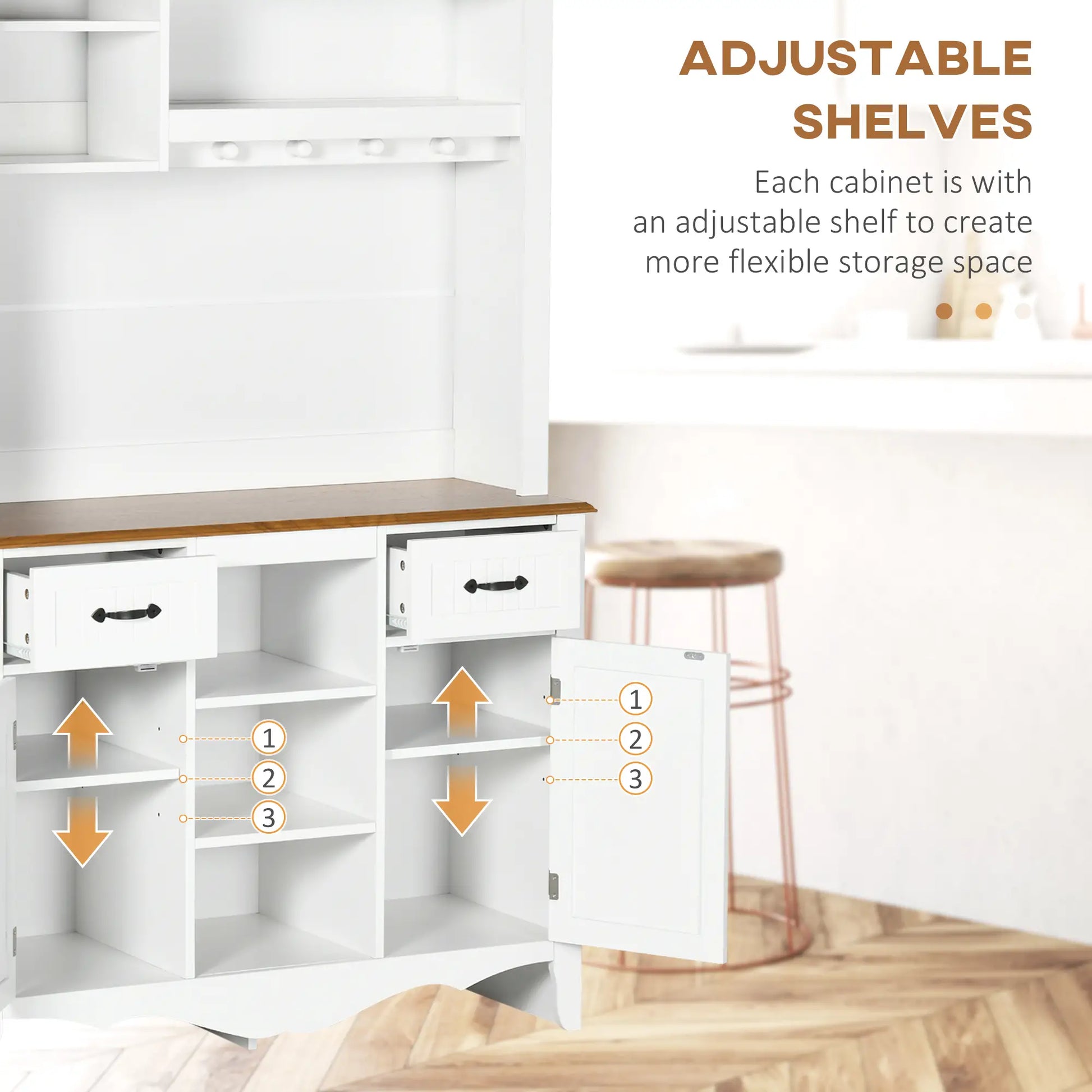 71" Kitchen Buffet with Hutch, Farmhouse Style, White Kitchen Pantry Cabinets at Gallery Canada