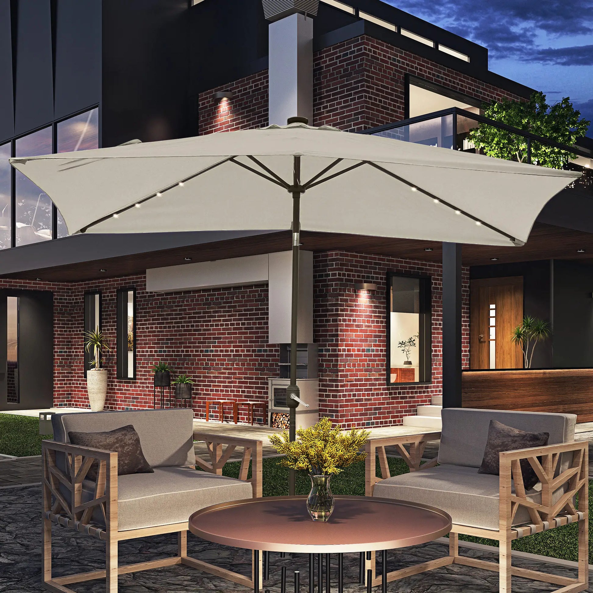 6' x 10' Rectangular Patio Umbrella, 22 LED Solar Lights, Tilt, Crank, Beige Sun Umbrellas at Gallery Canada