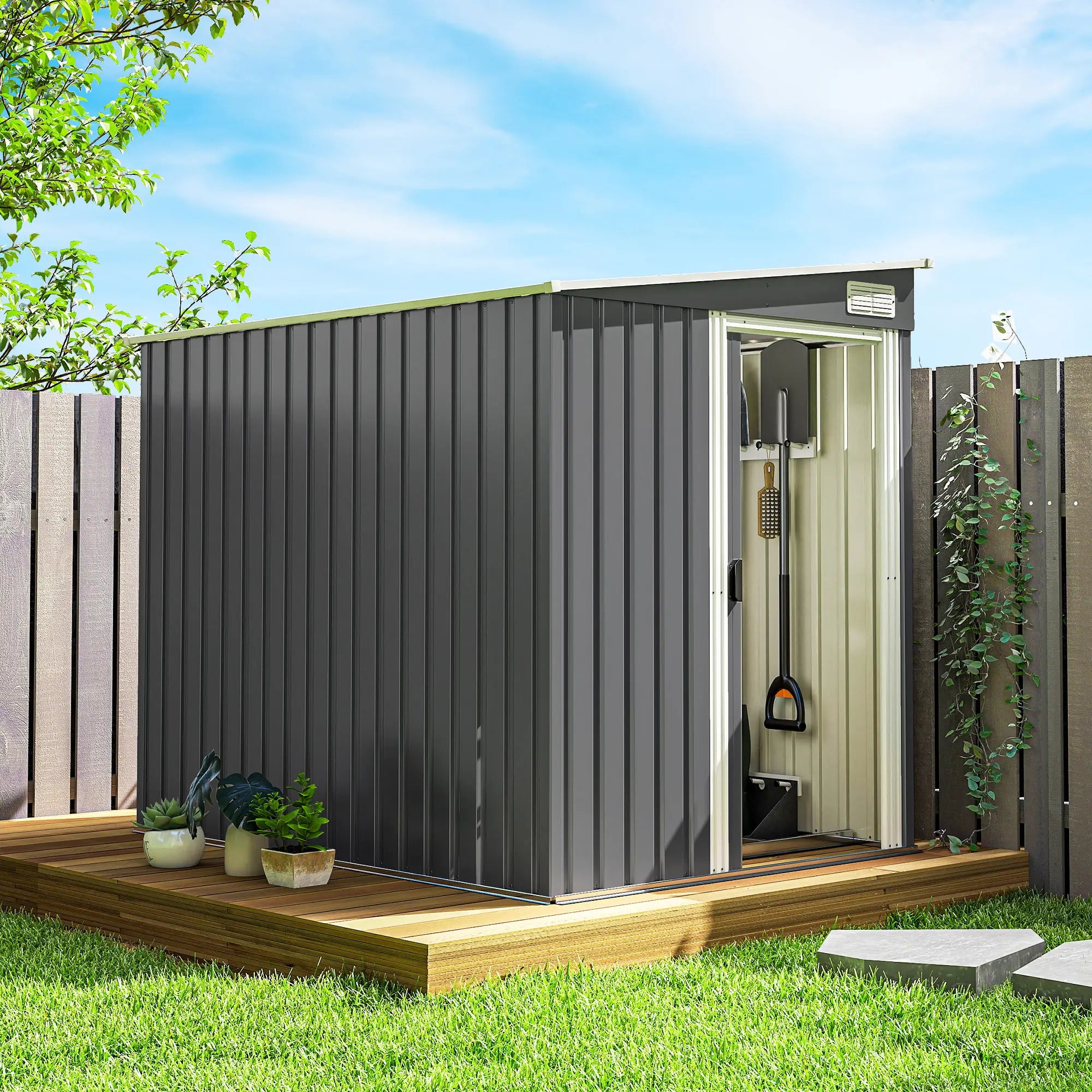 5'x7' Lean To Metal Shed, Sliding Door, 2 Vents, Dark Grey Sheds at Gallery Canada