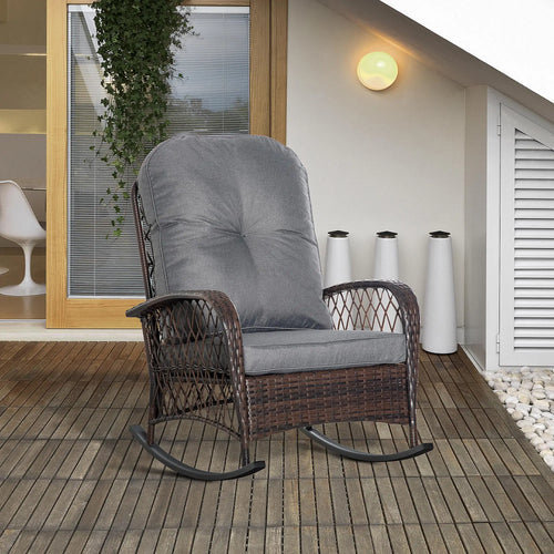 Rattan Rocking Chair, Outdoor Wicker Patio Rocker with Cushions, Grey