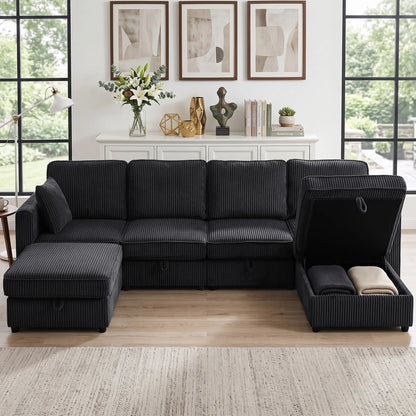 Modular U-Shaped Corduroy Sofa, Dual Storage Ottoman, 4 Pillows, Dark Grey L Shaped Couchs at Gallery Canada