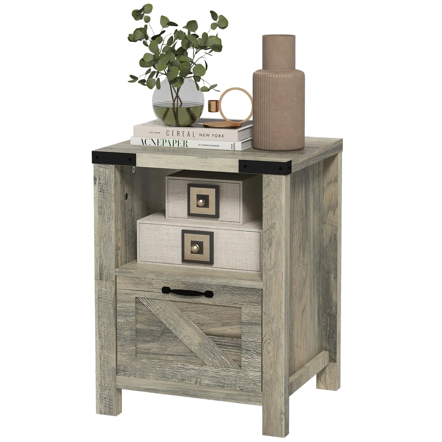 Farmhouse Side Table with Storage, Drawer, Open Shelf, Grey Side Tables at Gallery Canada