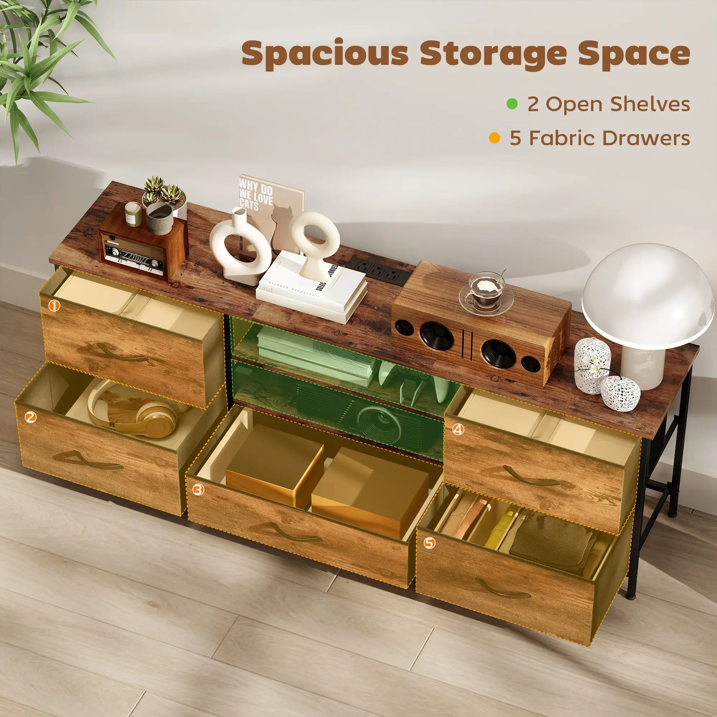 TV Stand For 65 Inch TVs, Industrial Console With Charging Station, 5 Drawers, Rustic Brown TV Stands at Gallery Canada