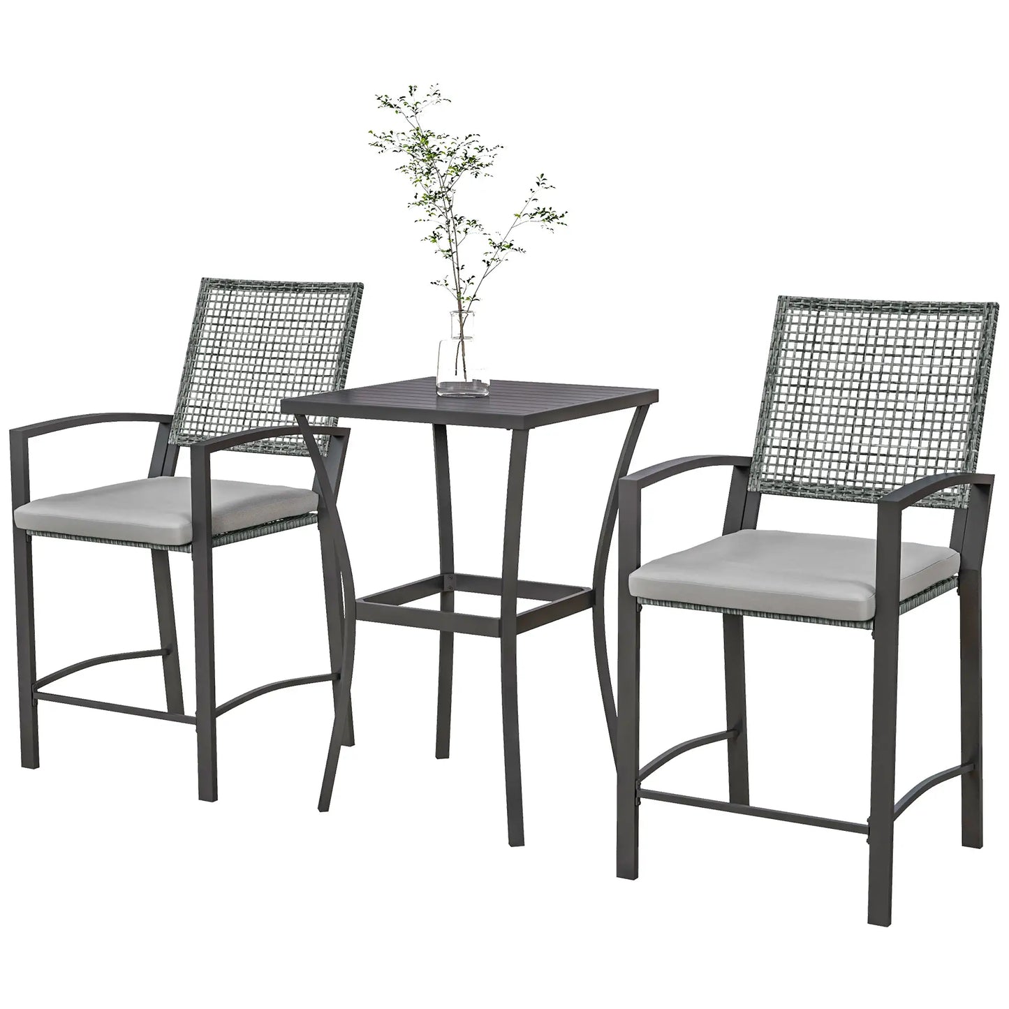 3pc Rattan Patio Bar Table, Chairs with Cushions, Bar Furniture Bistro Sets Mixed Grey at Gallery Canada