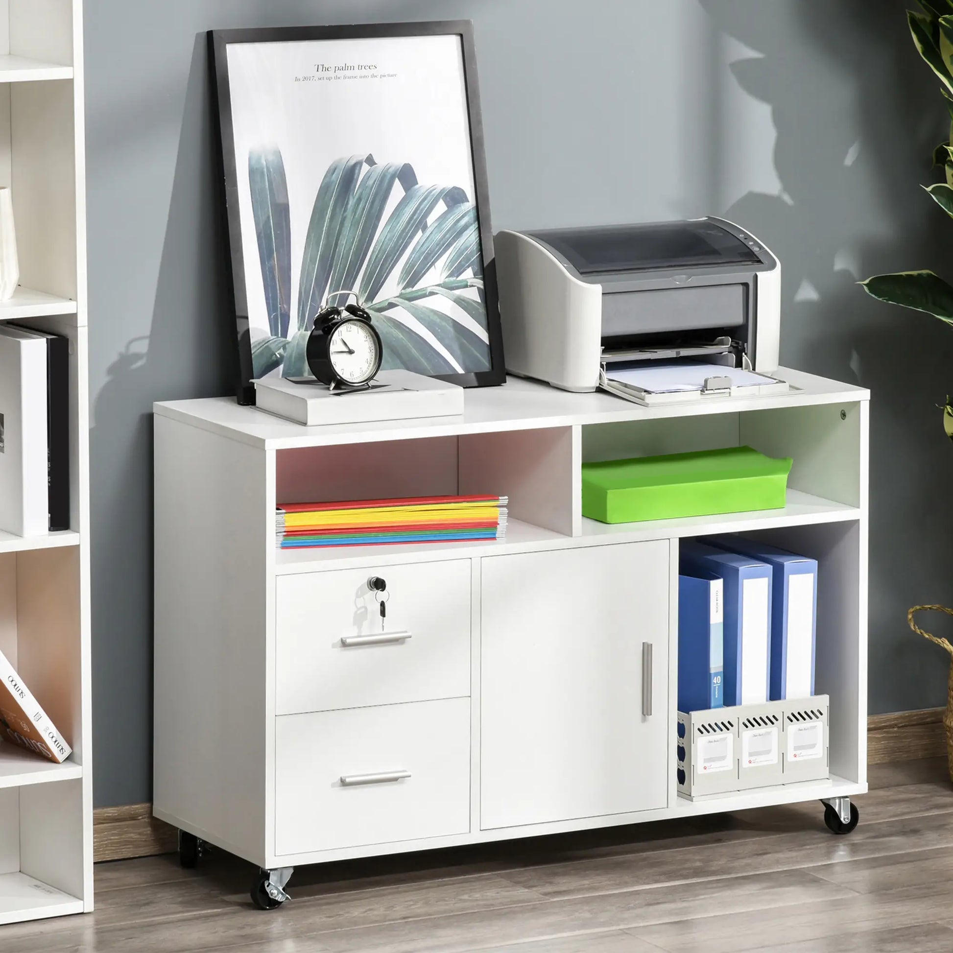 Lateral Filing Cabinet, Open Shelf, Mobile with Wheels, Lockable Drawer, White Office Cabinets & Cupboards at Gallery Canada