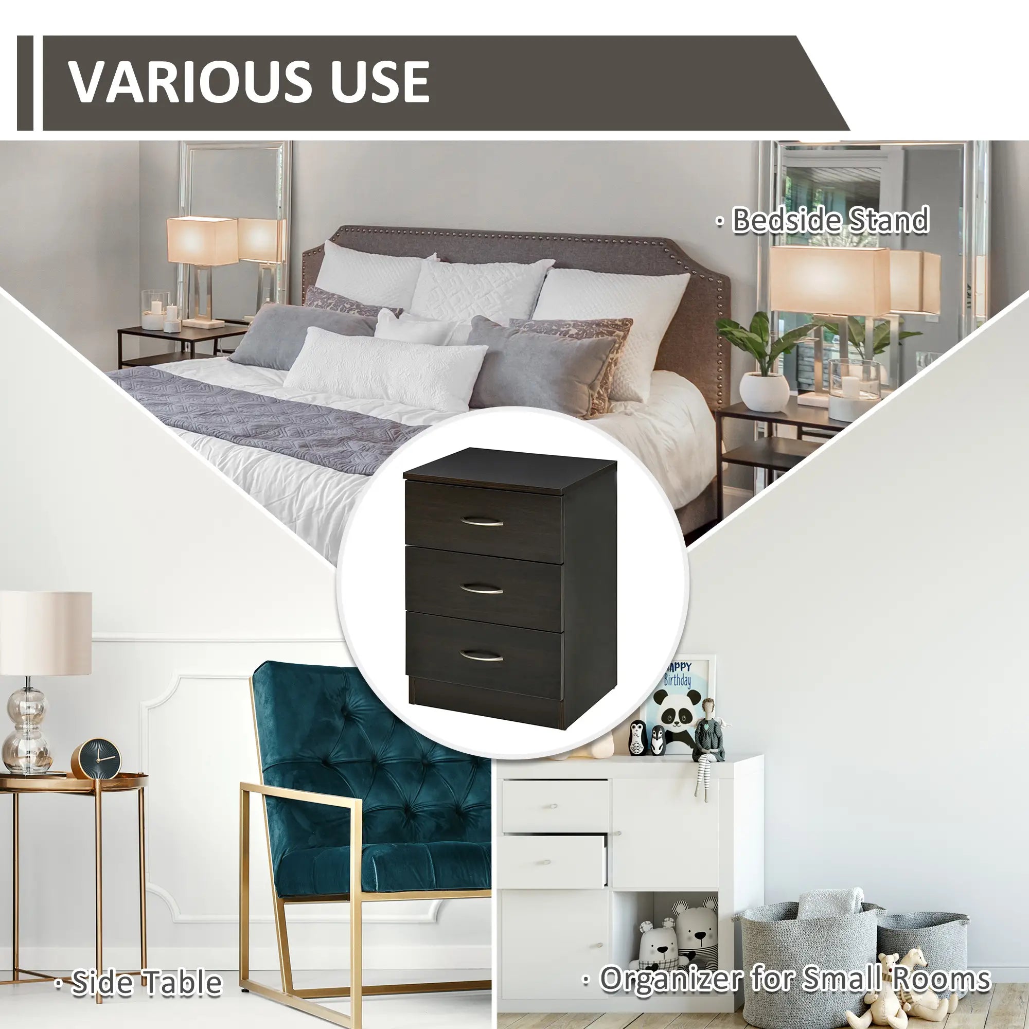 Bedside Table, 3 Drawers, Metal Rail, Dark Brown Bedside Tables at Gallery Canada