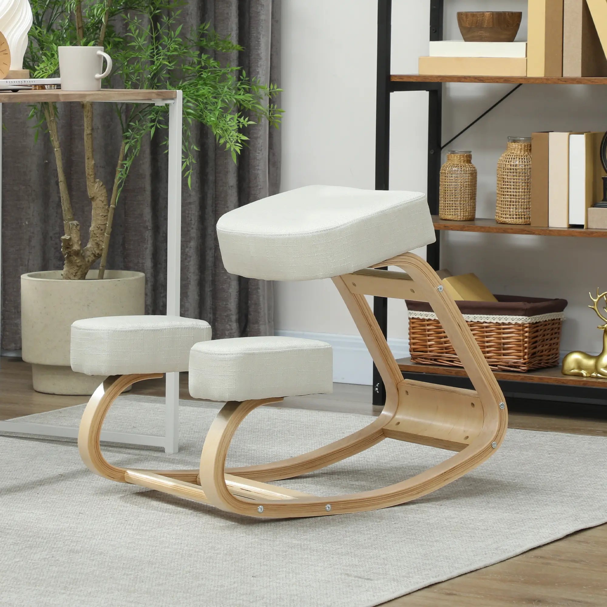 Ergonomic Kneeling Chair, Wood Stool with Thick Pads, Cream White Office Chairs at Gallery Canada