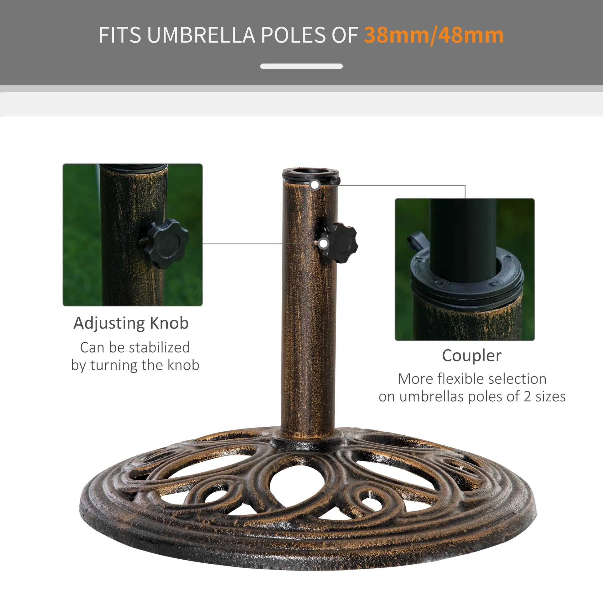 Round Cast Iron Umbrella Base Stand, Outdoor, Fit Dia. 1.5", 2" Pole, Bronze Umbrella Bases at Gallery Canada